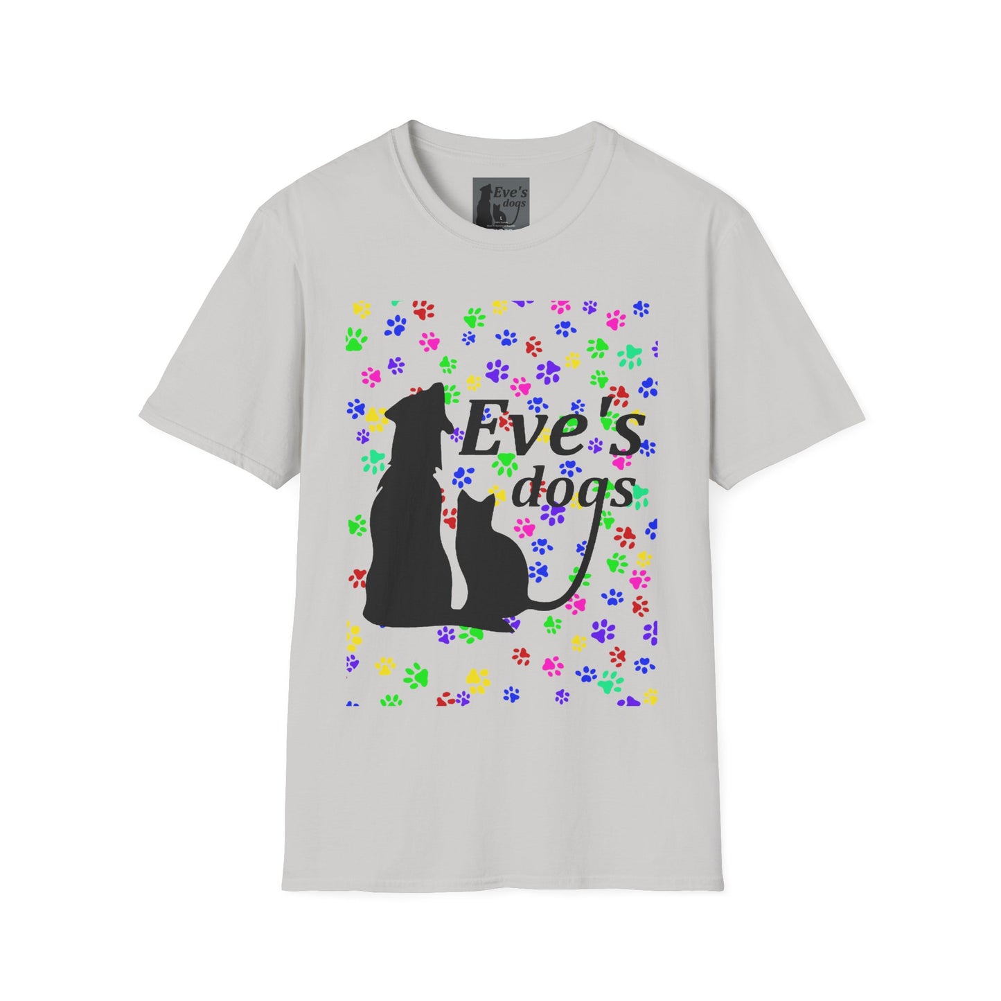 This is the Ice Grey Adopt Eve's Dogs T-Shirt. It comes in XS - 5XL. This is an image of the front of the shirt. The size label is a grey and black tag with a dog and cat with the "Eve's dogs" writing. The front has pink, green, blue, purple, red paw prints in different sizes. Also, the dog and cat with "Eve's dogs" printed in black. The illustration has a clear background so you see the paw prints, animals and the text print on color of shift. The shirt is against a white background.