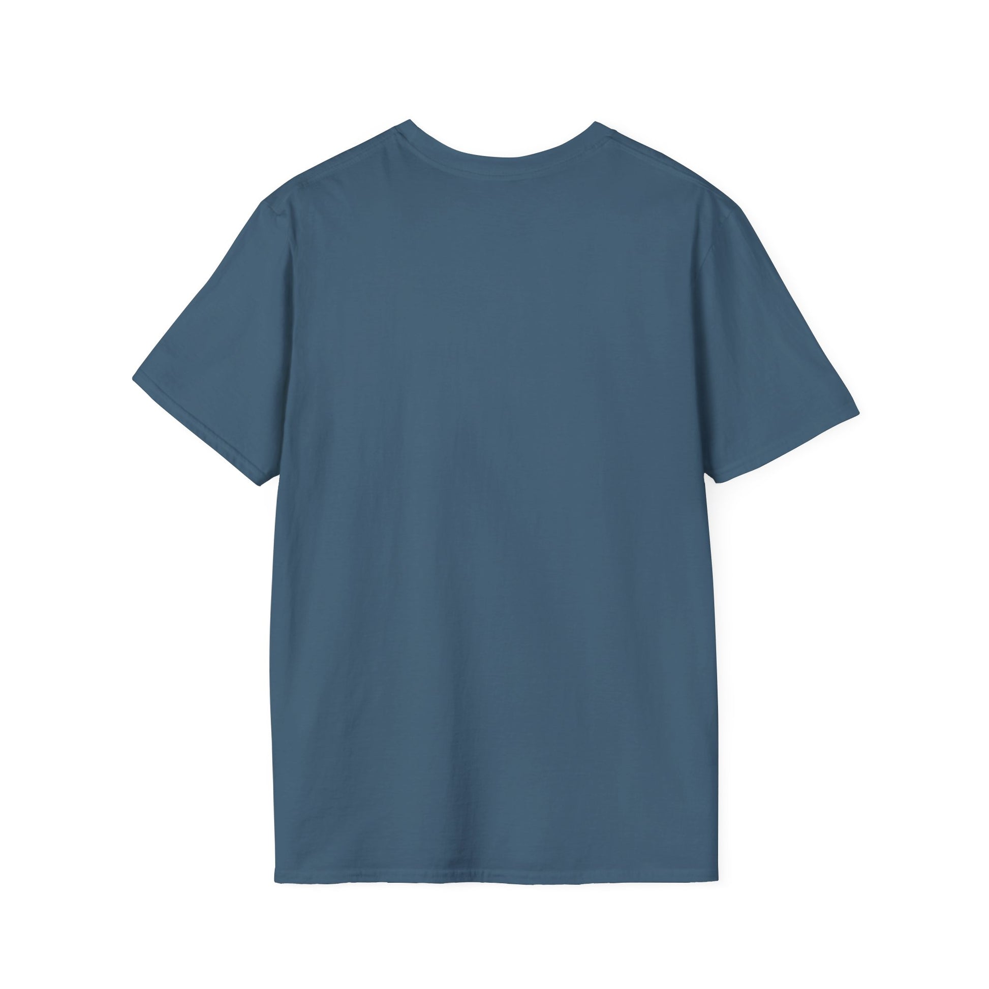 This is the Indigo Blue Earl Grey Softstyle T-Shirt by Chris Foster Design. It comes in sizes XS-5XL. The image showcases the back of the shirt. There is no illustrations or images on it. The t-shirt is against a white background.