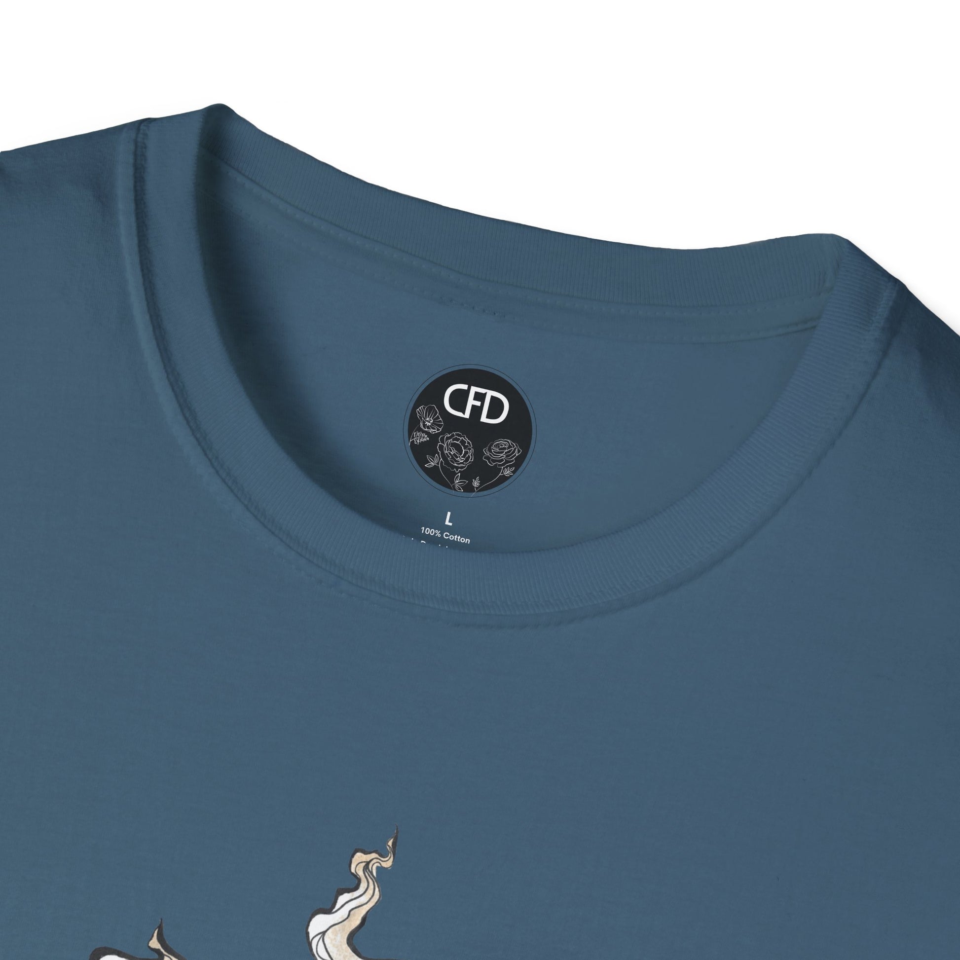 This is the Indigo Blue Earl Grey Softstyle T-Shirt by Chris Foster Design. It comes in sizes XS-5XL. The image showcases a close up of the front of the shirt. The illustration that can be seen is the steam is swirly and goes up and outwards. The inside of the shirt has the Chris Foster Design circular logo in black, flowers and writing is white. The size label is also white. The t-shirt is against a white background.