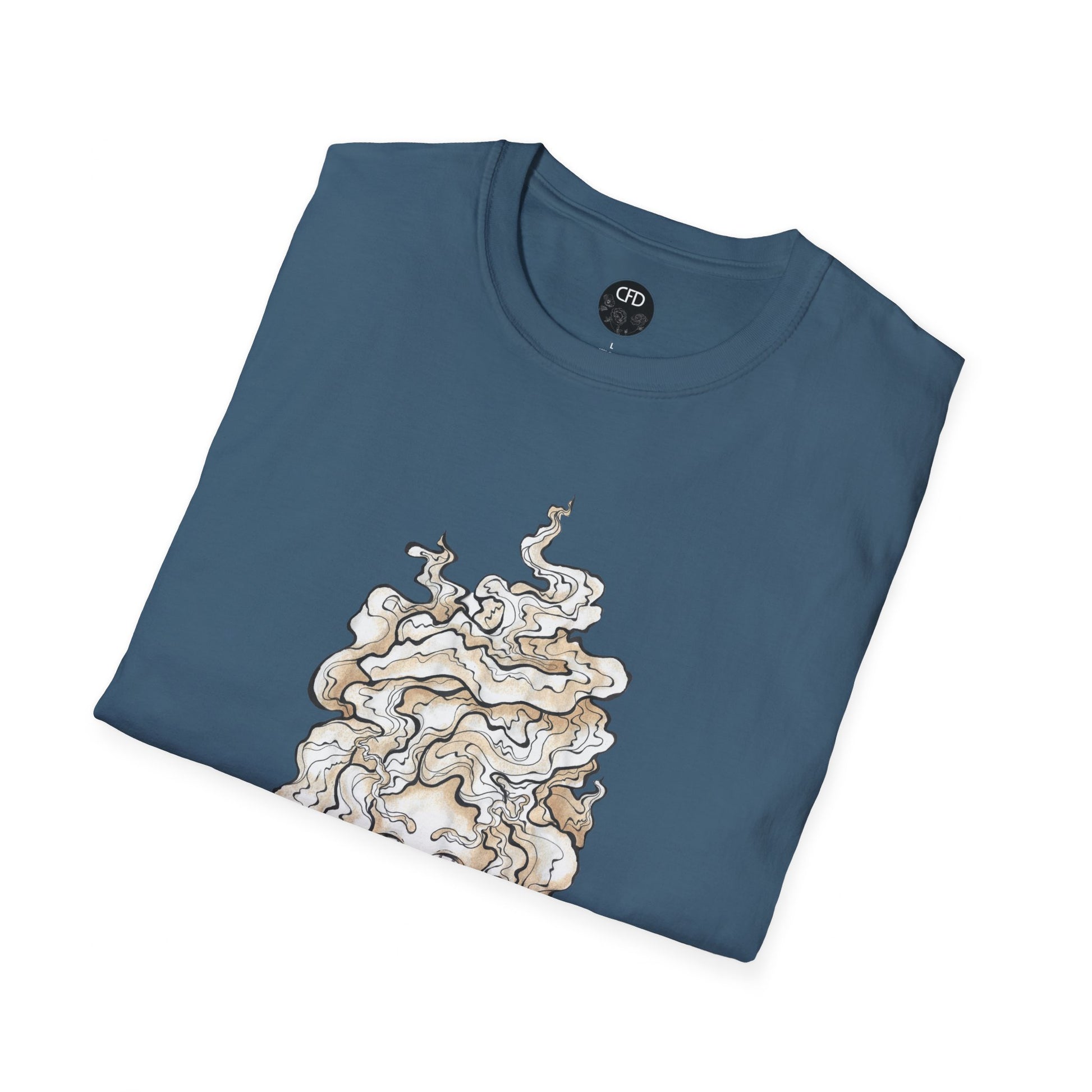 This is the Indigo Blue Earl Grey Softstyle T-Shirt by Chris Foster Design. It comes in sizes XS-5XL. The image showcases the front of the shirt folded. The illustration that can be seen is the steam is swirly and goes up and outwards. In the middle is a lady's face that is seen a little. The inside of the shirt has the Chris Foster Design circular logo in black, flowers and writing is white. The size label is also white. The t-shirt is against a white background.