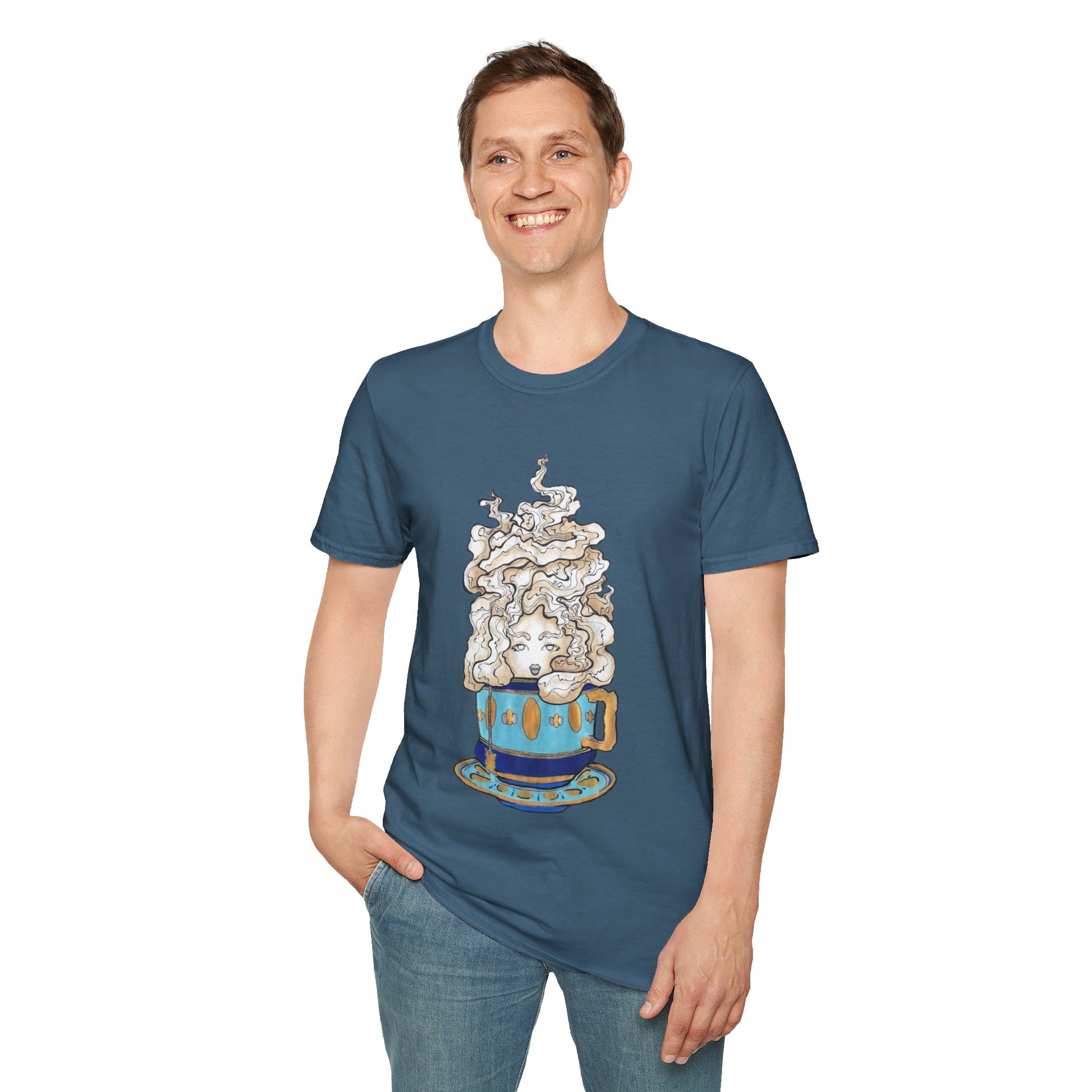 This is the Indigo Blue Earl Grey Softstyle T-Shirt by Chris Foster Design. It comes in sizes XS-5XL. The illustration is of a gold, light blue and dark blue teacup with a tan, yellow and white steam. The steam is swirly and goes up and outwards. In the middle is a lady's face. A smiling man has his right hand in the jean pocket wearing the shirt and the other hand by his side. He is slightly looking to the left while standing against a white background.