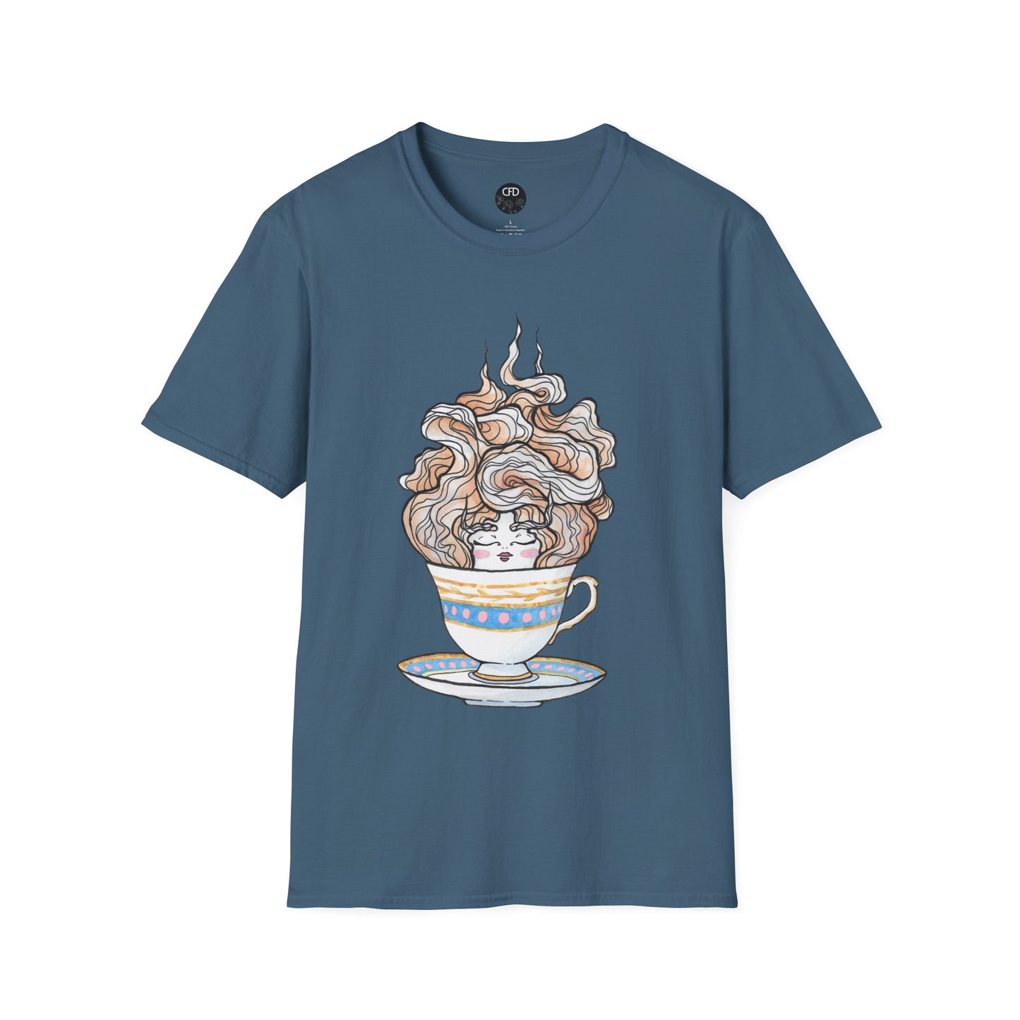 This is the Indigo Blue English Breakfast Tea T-Shirt by Chris Foster Design. It comes in sizes XS-5XL. This is an image of the front with a circular CFD logo in white lettering and black background. The size label is below the logo in black. A teacup that is light blue, yellow and white with light pink, white and red steam that is going upwards. There is a lady's face in the middle and beginning of the teacup with her eyes closed, red lips, blushing pink cheeks. and eyebrows that go upward. 