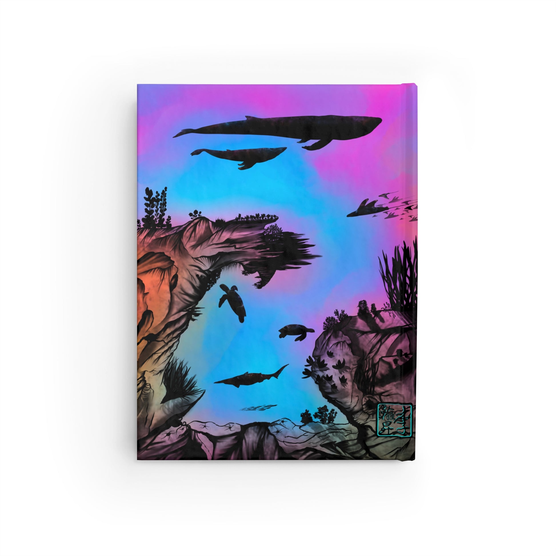 The Abyss blank hardcover journal by Lee Hansheng Studios. This stunning journal features a silhouette-style digital illustration of an underwater seascape, showcasing majestic whales, sharks, and sea turtles amidst a vibrant, neon pink, blue, and green background. The artwork evokes the mysterious and awe-inspiring beauty of the ocean, offering a captivating visual for your creative journey. Back image is same as front but with a Lee Hansheng logo in the bottom right corner