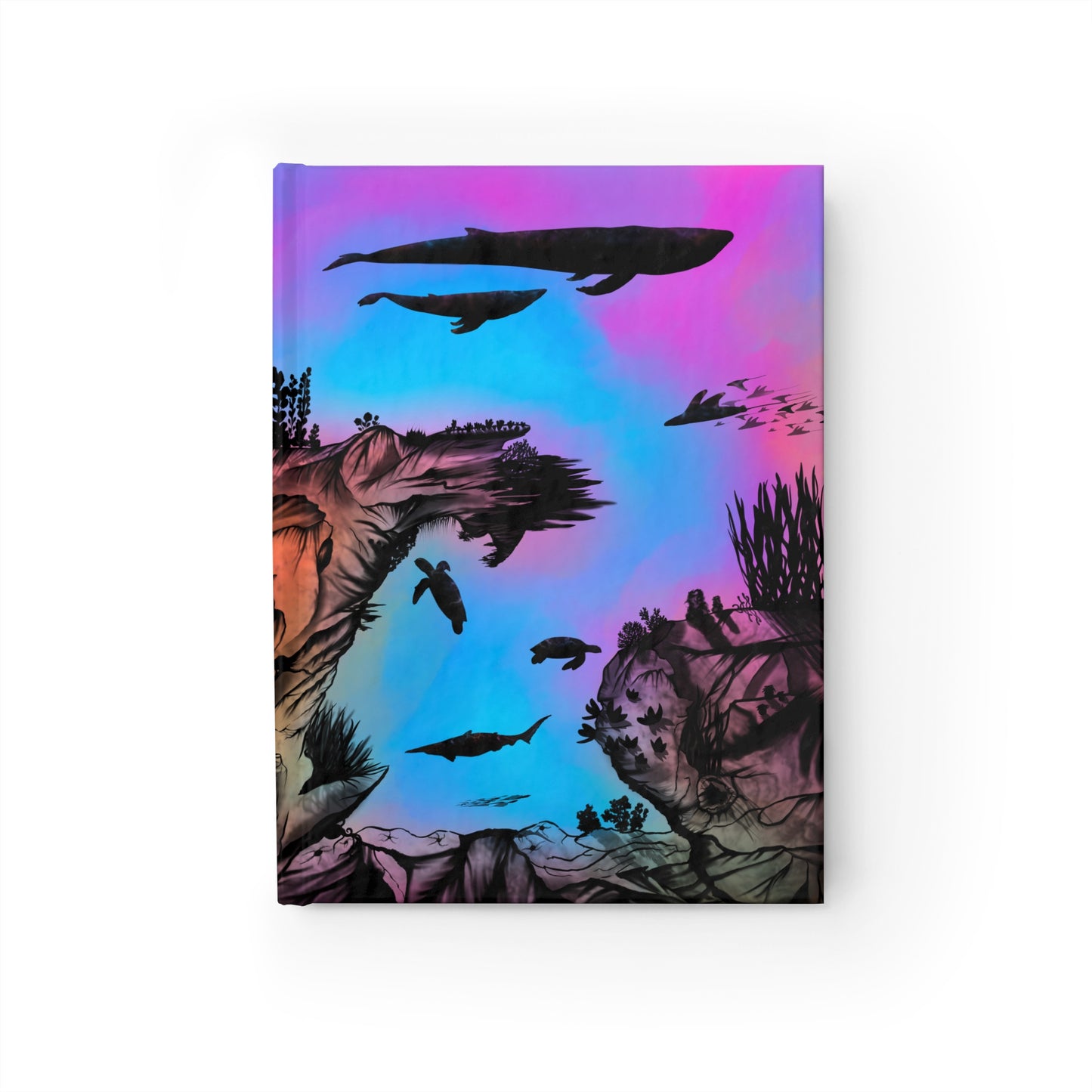 Dive deep into your imagination with the Into the Abyss blank hardcover journal by Lee Hansheng Studios. This stunning journal features a silhouette-style digital illustration of an underwater seascape, showcasing majestic whales, sharks, and sea turtles amidst a vibrant, marbleized neon pink, blue, and green background. The artwork evokes the mysterious and awe-inspiring beauty of the ocean, offering a captivating visual for your creative journey.