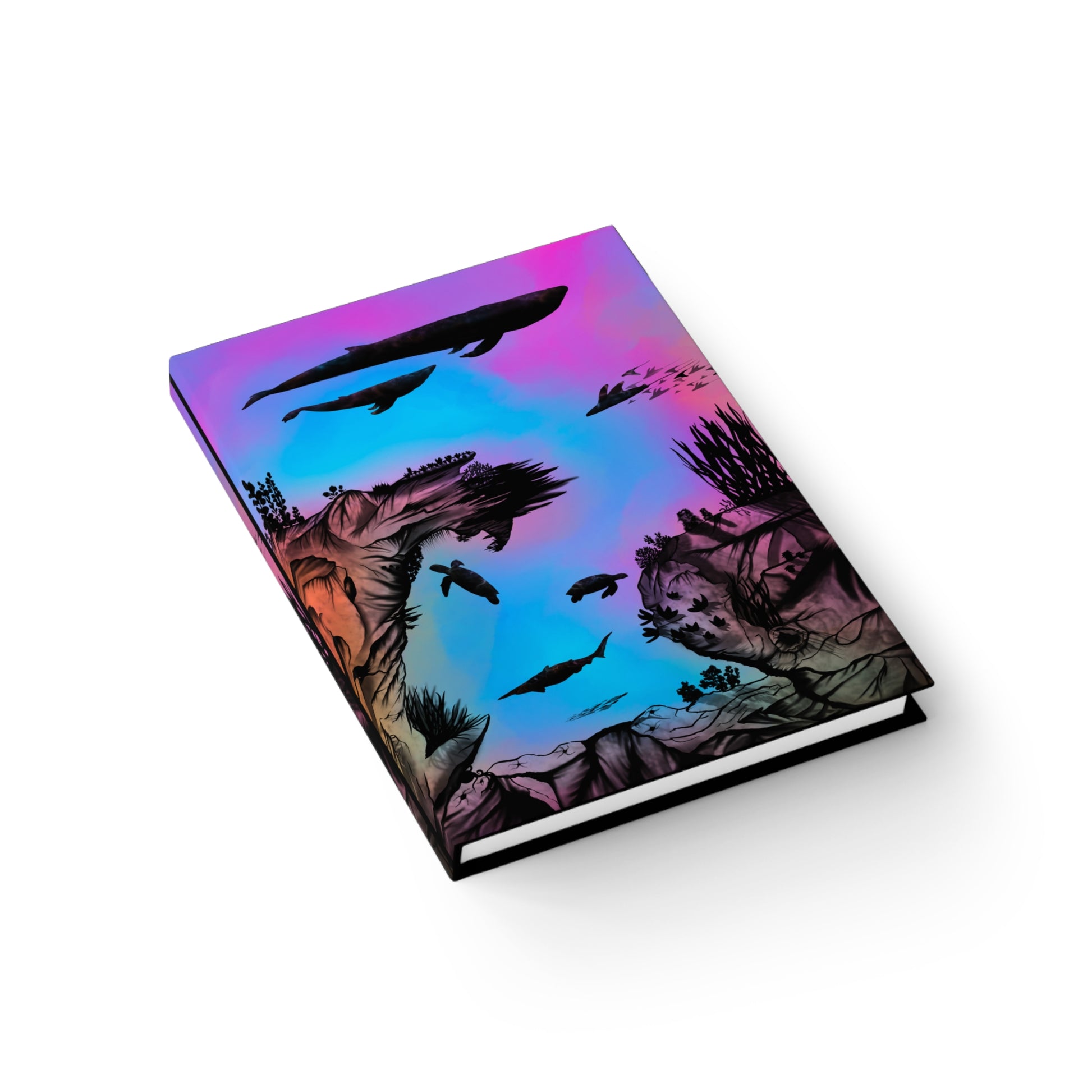 Dive deep into your imagination with the Into the Abyss blank hardcover journal by Lee Hansheng Studios. This stunning journal features a silhouette-style digital illustration of an underwater seascape, showcasing majestic whales, sharks, and sea turtles amidst a vibrant, marbleized neon pink, blue, and green background. The artwork evokes the mysterious and awe-inspiring beauty of the ocean, offering a captivating visual for your creative journey.