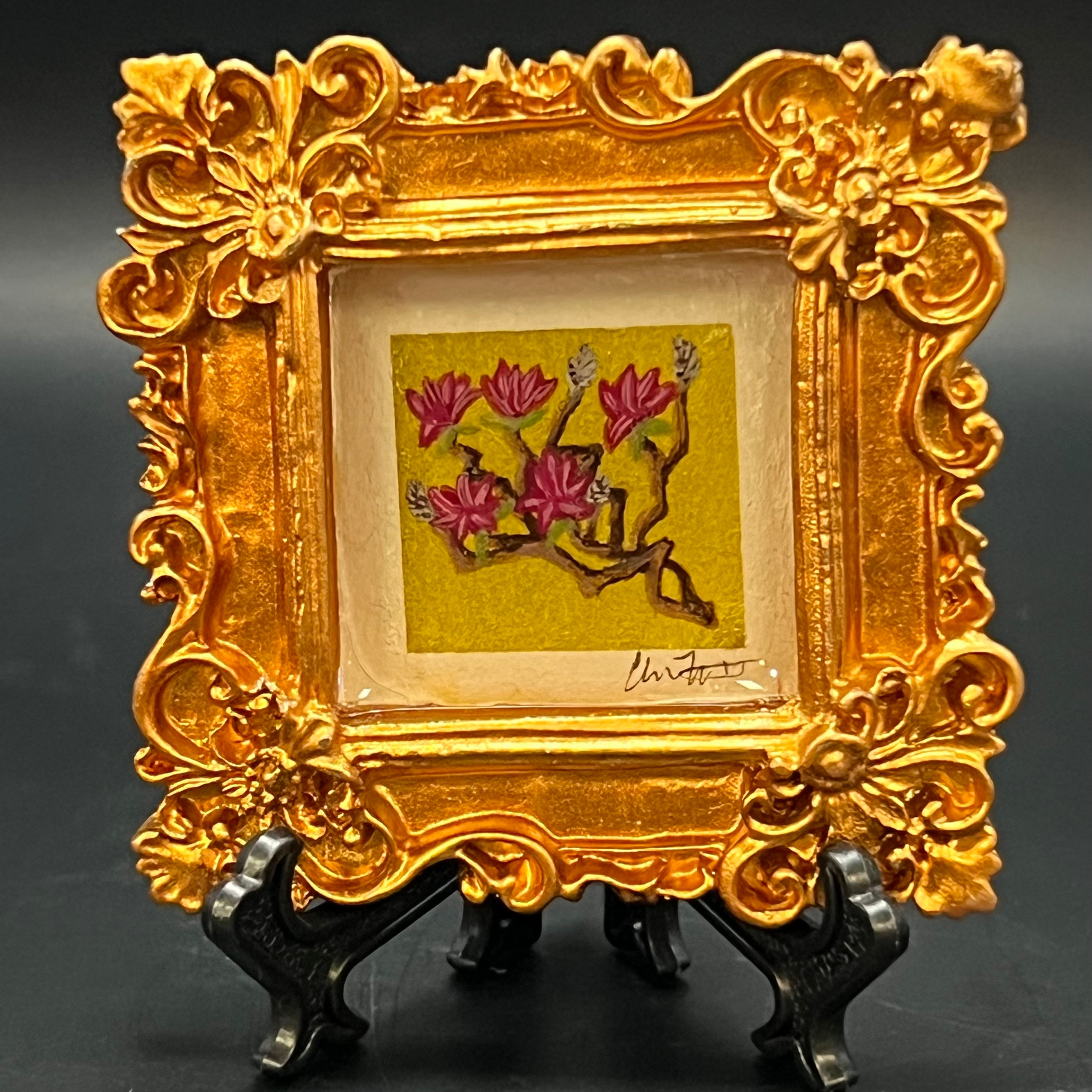 Japanese Magnolia miniature painting in watercolor on paper, framed, edition 5/50, by Chris Foster for The Art Collective