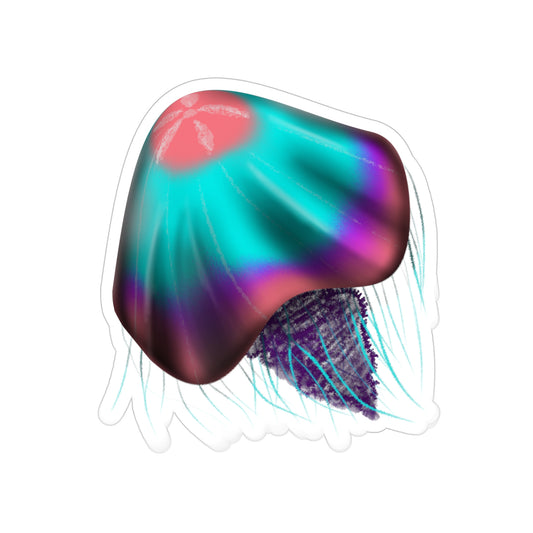 A 6" x 6" transparent die cut jellyfish sticker. It is blue, pink and purple.