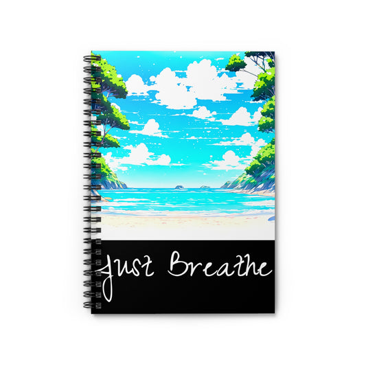 This is the "Just Breathe" Tranquil Cove Spiral Ruled Notebook by Lee Hansheng Studios. This is the image of the notebook closed from the front and angled to the right. The illustration shows an image from the beach looking outwards. There is bright blue skies, white fluffly clouds reflected in the sea with trees lining both sides of the journal. At the bottom is a black strip that fills about a quarter with italisized writing of, "Just Breathe". It is against a white background.