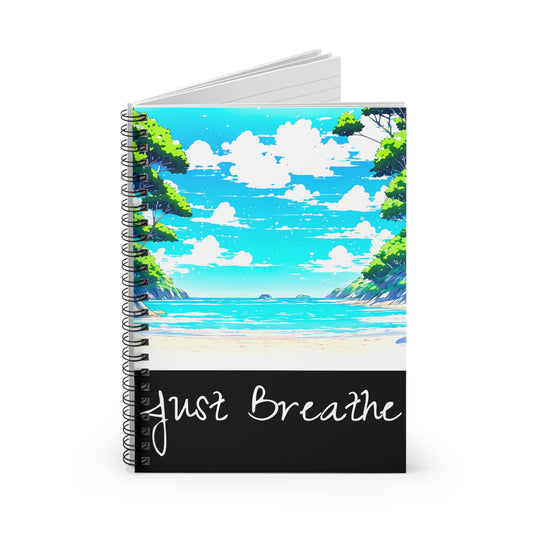 This is the "Just Breathe" Tranquil Cove Spiral Ruled Notebook by Lee Hansheng Studios. This is the image of the notebook standing up slighty open to see the pages inside. The illustration shows an image from the beach looking outwards. There is bright blue skies, white fluffly clouds reflected in the sea with trees lining both sides of the journal. At the bottom is a black strip that fills about a quarter with italisized writing of, "Just Breathe". The inside shows black lines for the ruled paper. 
