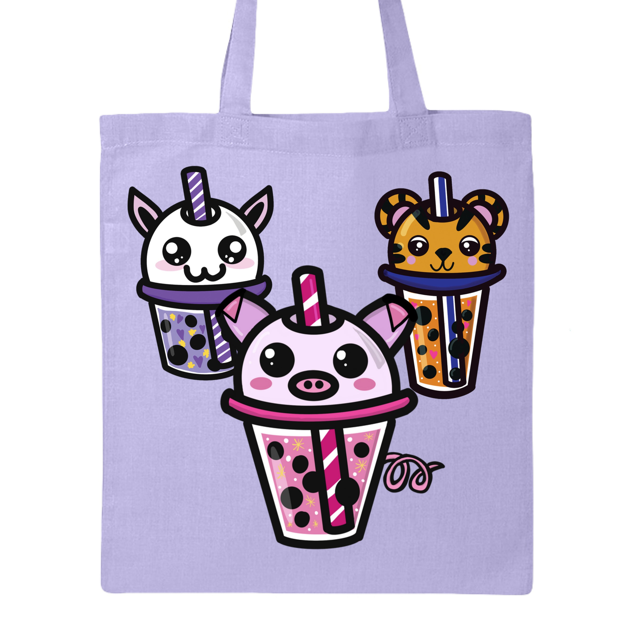 Close-up of Boba Friends canvas tote showing textured cotton fabric and colorful printed design on the front panel.