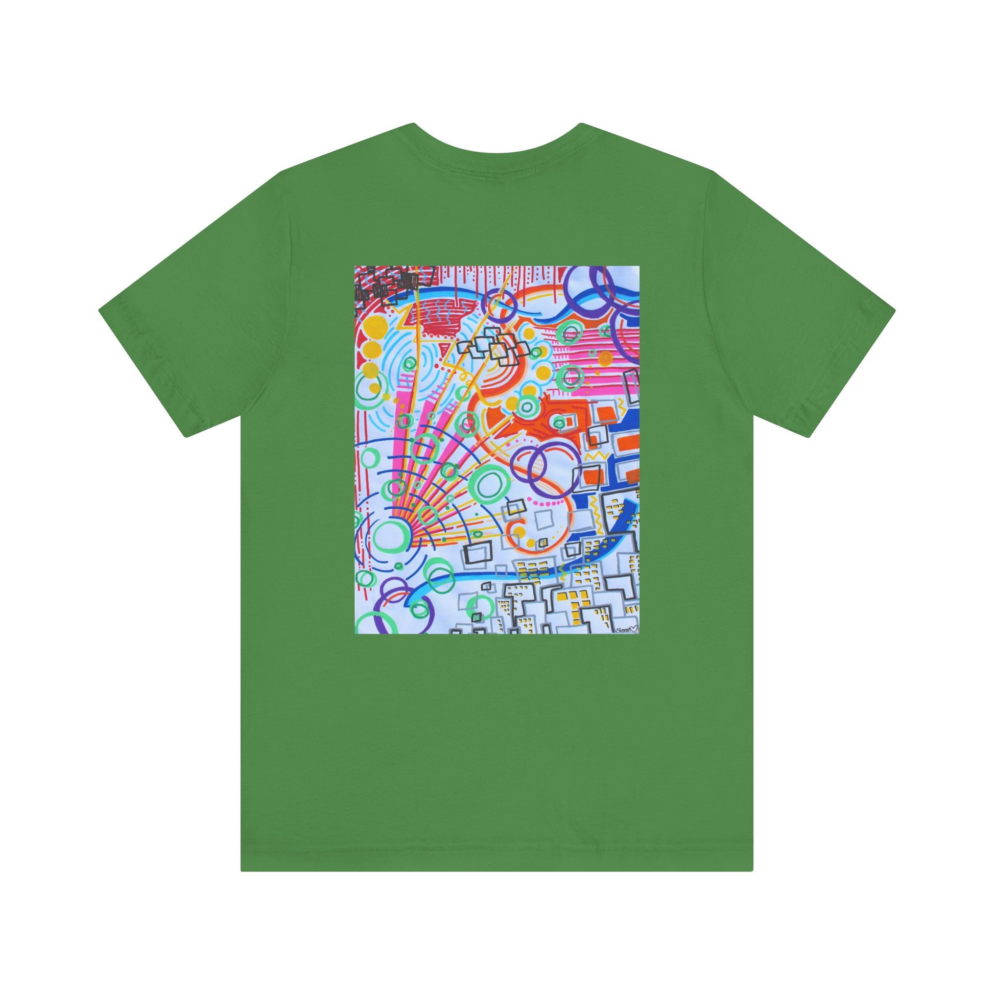 This is the Leaf The City Jersey T-Shirt by Storm Garden Studio. This showcases the back of the shirt. The image is from the upper back to the mid waist. The illustration is rectangular shaped and  has multitude of colors like blue, red, pink, yello, green and light blue. It is an abstract image with bluding shpaes, circles and squiggles. This is against a white background.