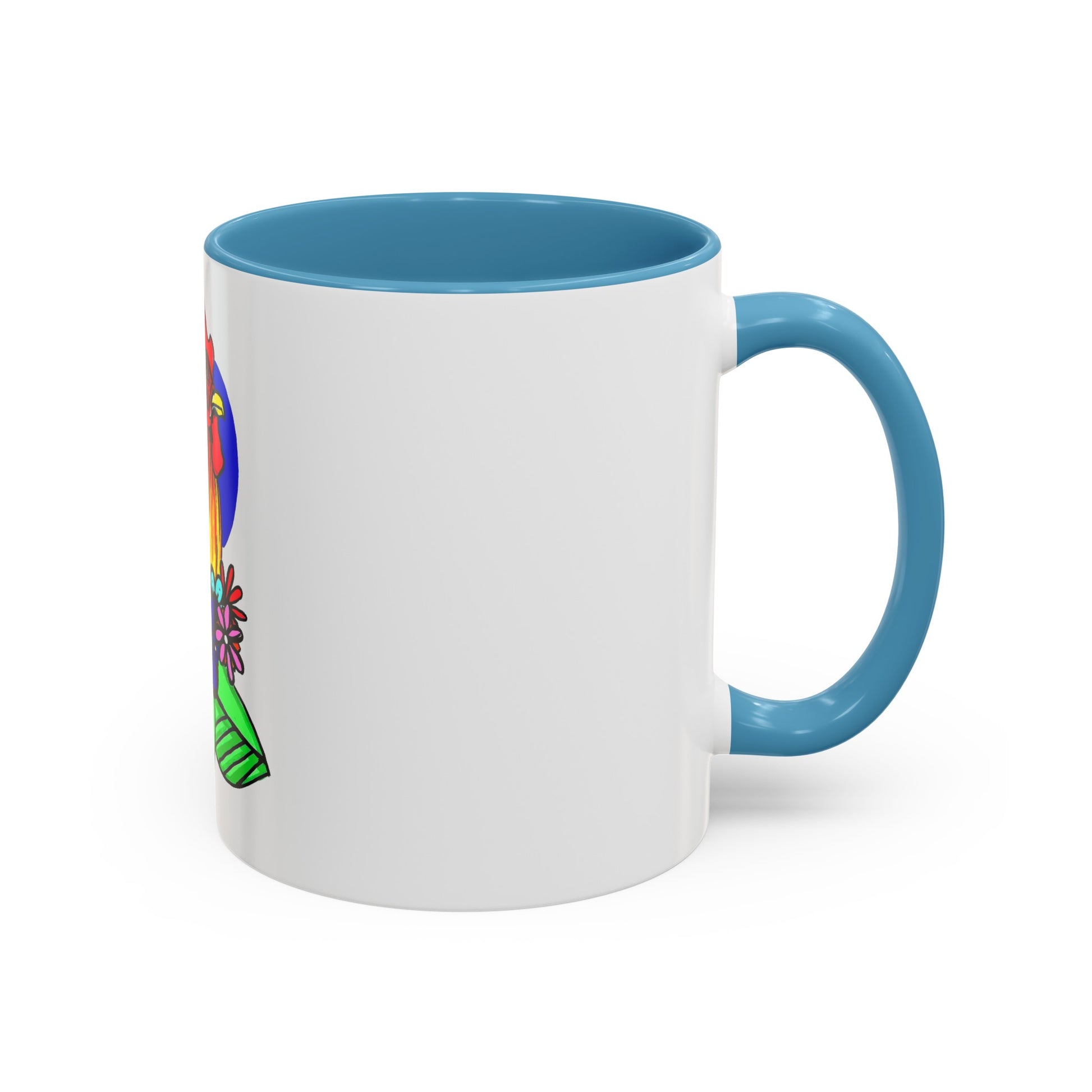 This it the Light Blue 11 oz Cock Accent Coffee Mug by Storm Garden Studio. This image showcases the back of the mug with the handle to the right. The handles are color matched. A bit of the illustration can be seen from the right with a bright green, orange and blue. It is against a white background. 