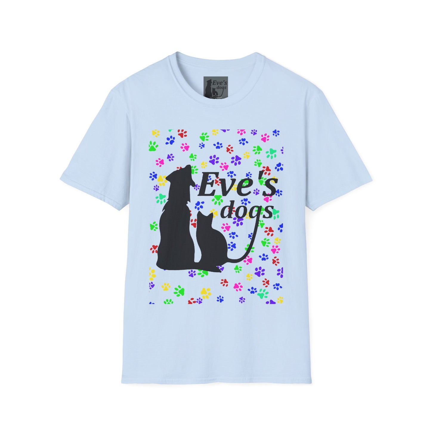 This is the Light Blue Adopt Eve's Dogs T-Shirt. It comes in XS - 5XL. This is an image of the front of the shirt. The size label is a grey and black tag with a dog and cat with the "Eve's dogs" writing. The front has pink, green, blue, purple, red paw prints in different sizes. Also, the dog and cat with "Eve's dogs" printed in black. The illustration has a clear background so you see the paw prints, animals and the text print on color of shift. The shirt is against a white background.