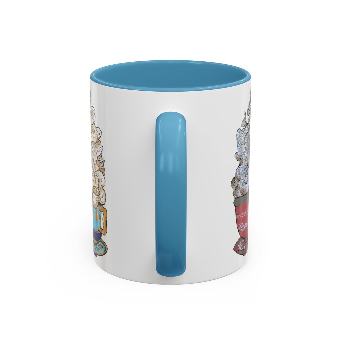 This is the Light Blue 11 oz Three Teas Mug by Chris Foster Design. This is the mug from the front where the handle is. The handle and inside of the mug are both color matched. The cup body is white. There is a bit of illustration from the left and right sides with the teacups and mist. The colors are gold, red, green, teal/aqua and white. The mug is against a white background.