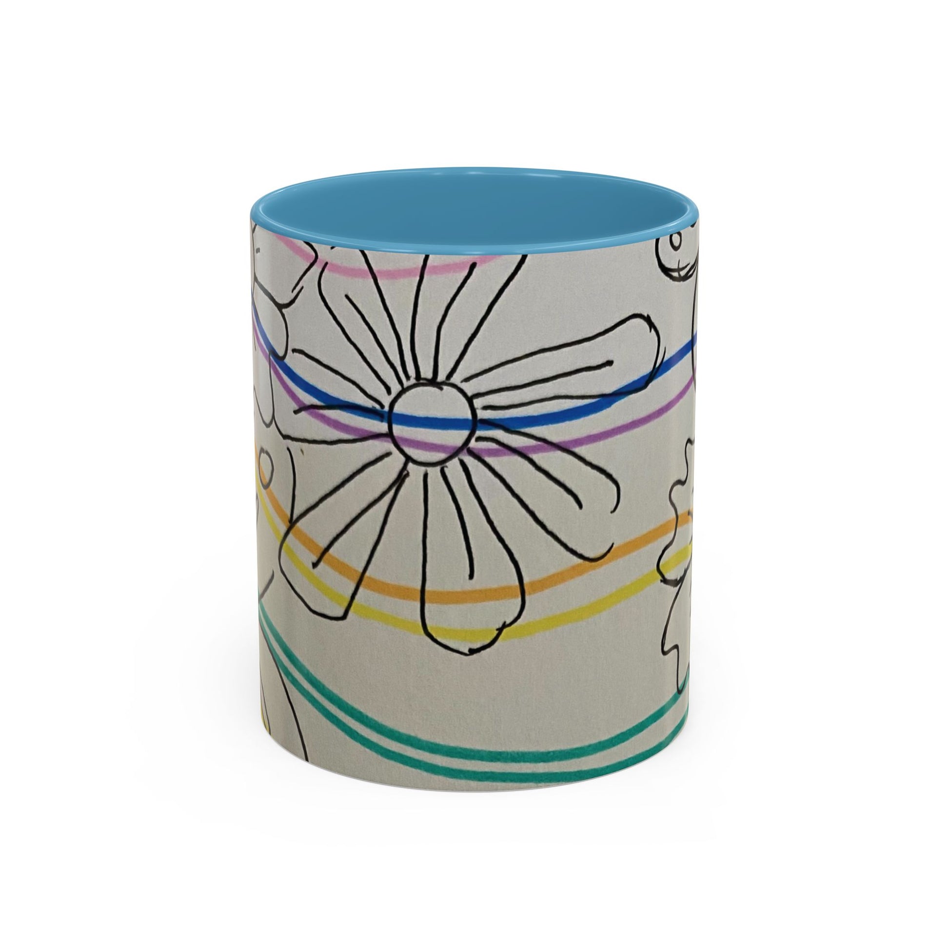 This is the 11oz Light Blue Wavy Flower Accent Mug by Storm Garden Studio. The image showcases view from the front. The handle and inside of mug are color matched. The illustration shows assorted flowers lined in black with waves behind it. There is a gray background to the illustration. There is one flower shown in the image and two flowers barely shown at each side. The colors are red, pink, blue, purple, yellow and green. The image is against a white background.