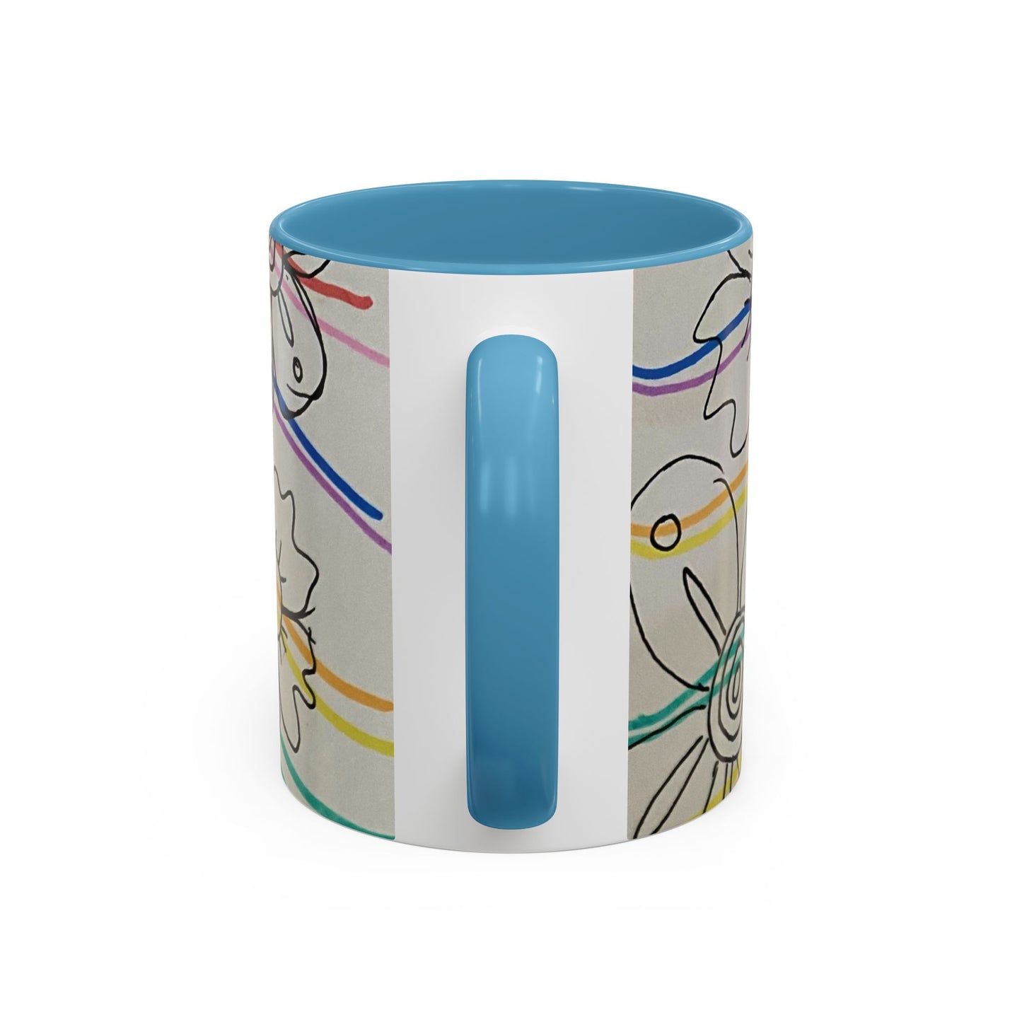 This is the 11oz Light Blue Wavy Flower Accent Mug by Storm Garden Studio. The image showcases view from the handle facing towards us. The handle and inside of mug are color matched. There is a white space where the handle is. To the right and left are small wave patterns on a gray background. The colors are red, pink, blue, purple, yellow and green. The image is against a white background.