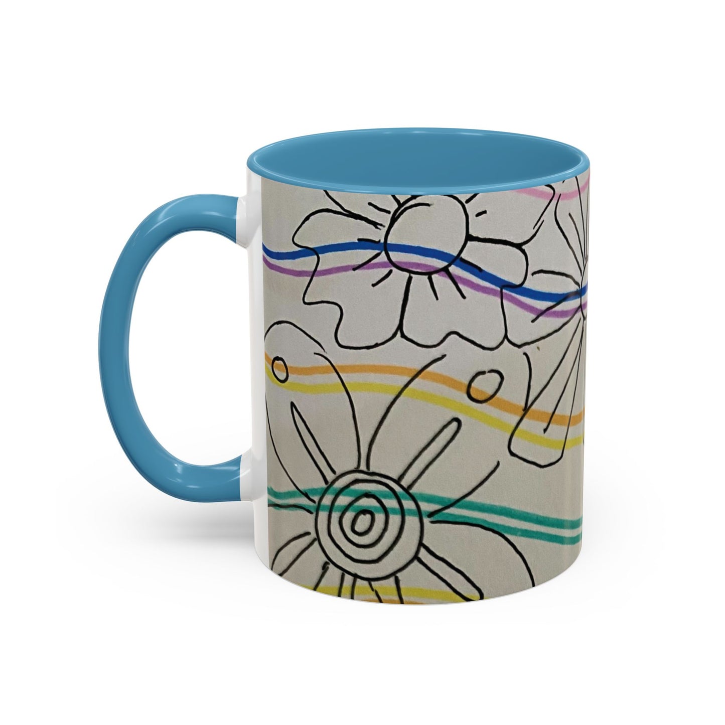 This is the 11oz Light Blue Wavy Flower Accent Mug by Storm Garden Studio. The image showcases view from the handle facing to the left. The handle and inside of mug are color matched. The illustration shows assorted flowers lined in black with waves behind it. There is a gray background to the illustration. There are two and a half flowers shown in the image. The colors are red, pink, blue, purple, yellow and green. The image is against a white background.