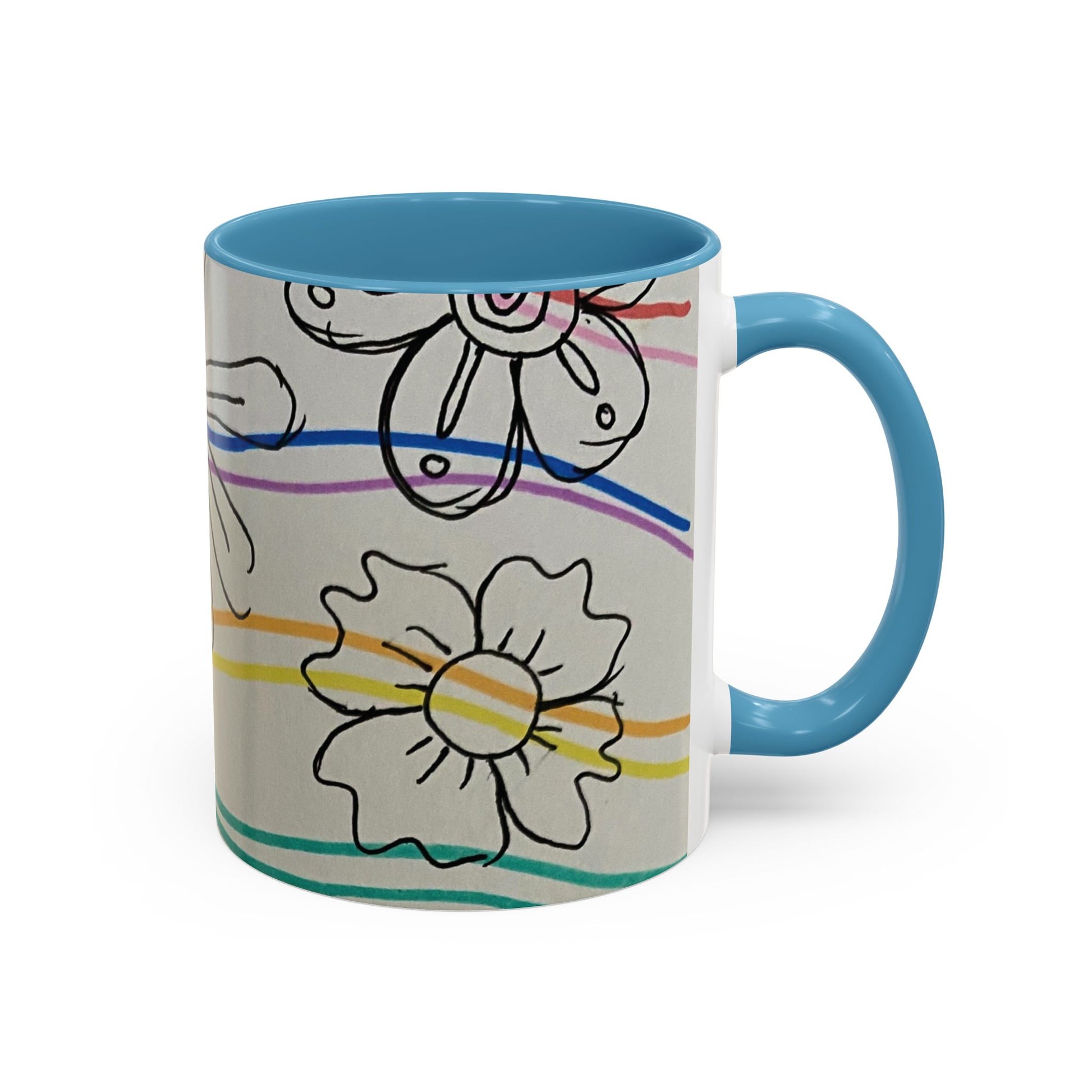 This is the 11oz Light Blue Wavy Flower Accent Mug by Storm Garden Studio. The image showcases view from the handle facing to the right. The handle and inside of mug are color matched. The illustration shows assorted flowers lined in black with waves behind it. There is a gray background to the illustration. There are two flowers shown in the image. The colors are red, pink, blue, purple, yellow and green. The image is against a white background.