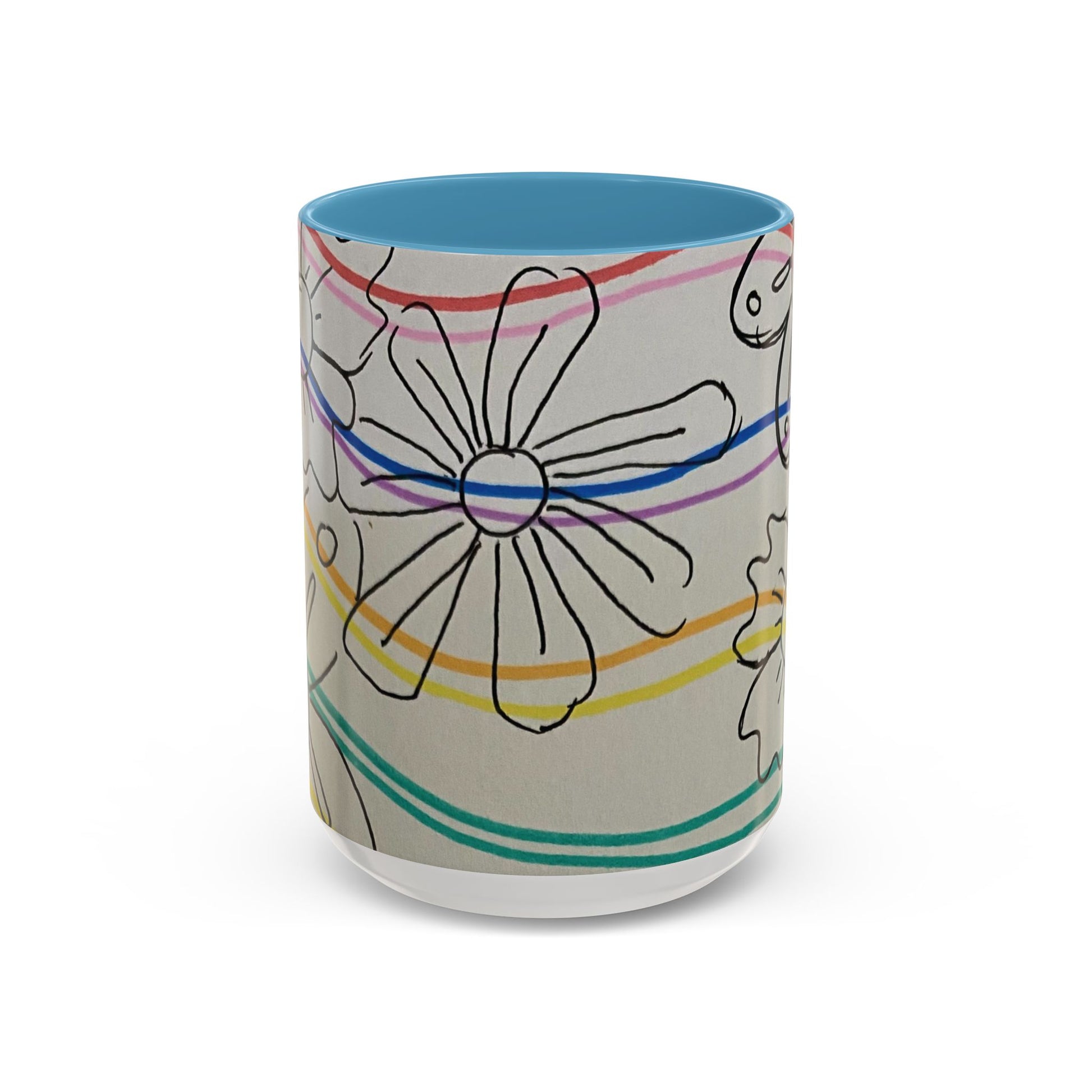 This is the 15oz Light Blue Wavy Flower Accent Mug by Storm Garden Studio. The image showcases view from the front. The handle and inside of mug are color matched. The illustration shows assorted flowers lined in black with waves behind it. There is a gray background to the illustration. There is one flower shown in the image and two flowers barely shown at each side. The colors are red, pink, blue, purple, yellow and green. The image is against a white background.