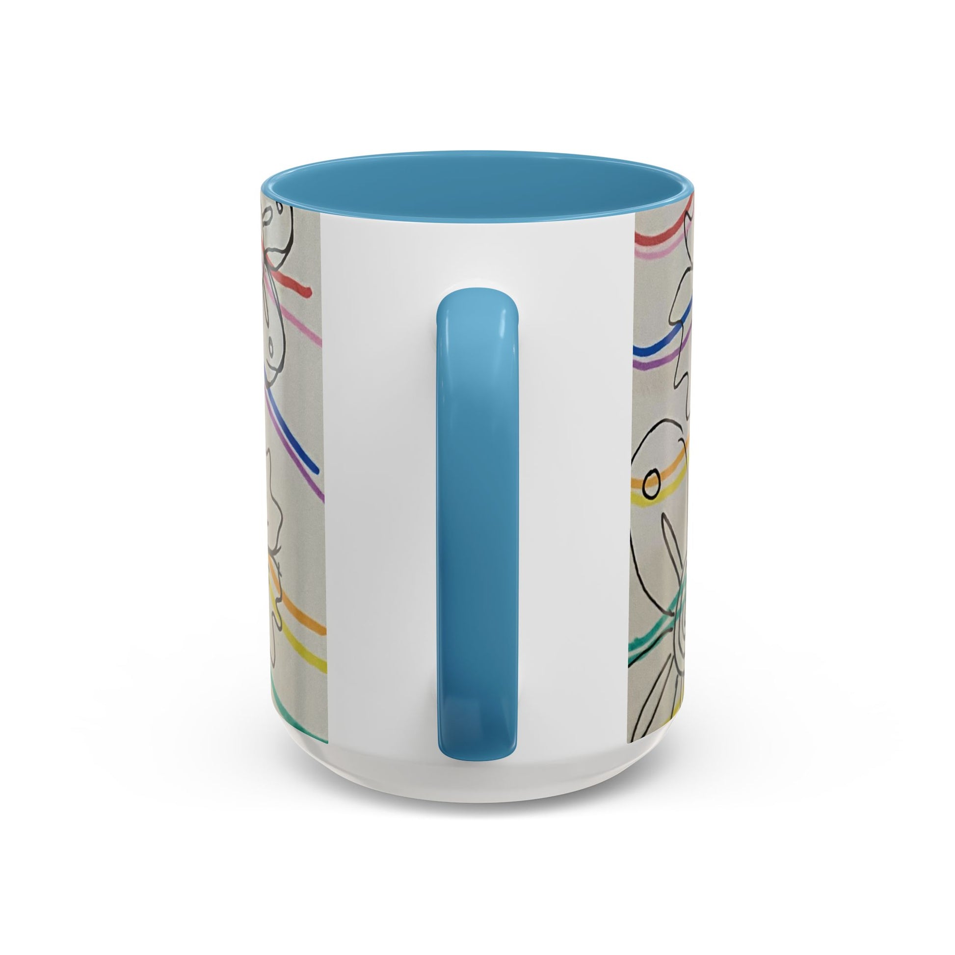 This is the 15oz Light Blue Wavy Flower Accent Mug by Storm Garden Studio. The image showcases view from the handle facing towards us. The handle and inside of mug are color matched. There is a white space where the handle is. To the right and left are small wave patterns on a gray background. The colors are red, pink, blue, purple, yellow and green. The image is against a white background.