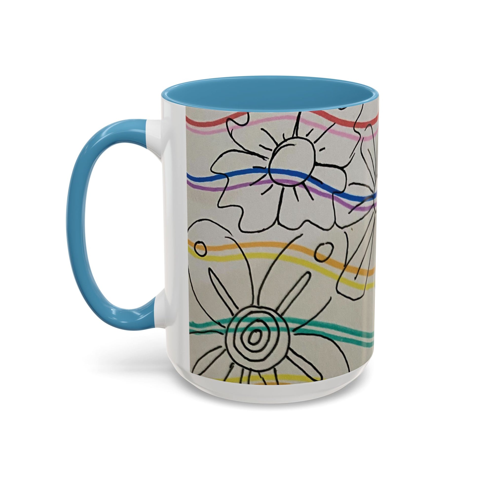 This is the 15oz Light Blue Wavy Flower Accent Mug by Storm Garden Studio. The image showcases view from the handle facing to the left. The handle and inside of mug are color matched. The illustration shows assorted flowers lined in black with waves behind it. There is a gray background to the illustration. There are two and a half flowers shown in the image. The colors are red, pink, blue, purple, yellow and green. The image is against a white background.