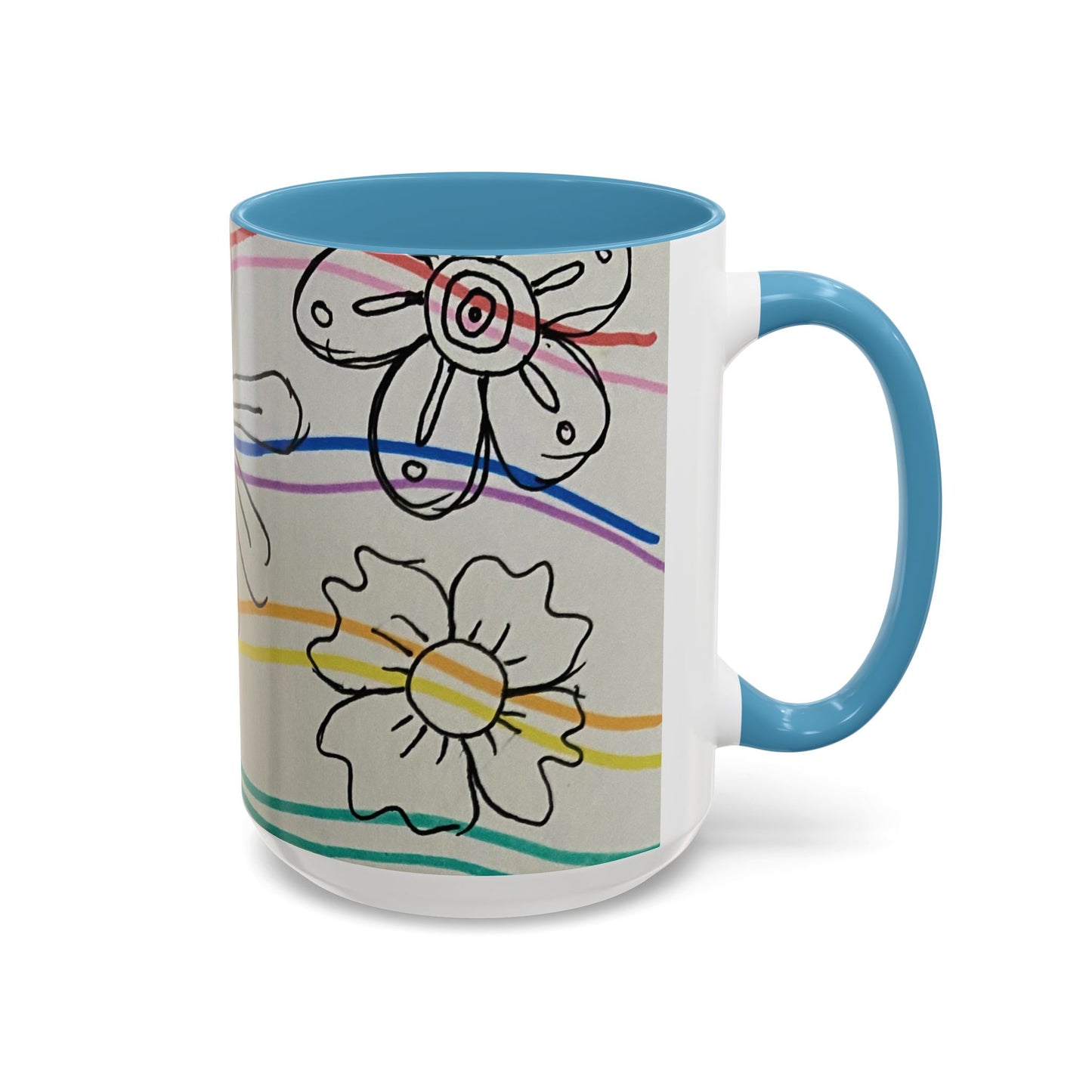 This is the 15oz Light Blue Wavy Flower Accent Mug by Storm Garden Studio. The image showcases view from the handle facing to the right. The handle and inside of mug are color matched. The illustration shows assorted flowers lined in black with waves behind it. There is a gray background to the illustration. There are two flowers shown in the image. The colors are red, pink, blue, purple, yellow and green. The image is against a white background.