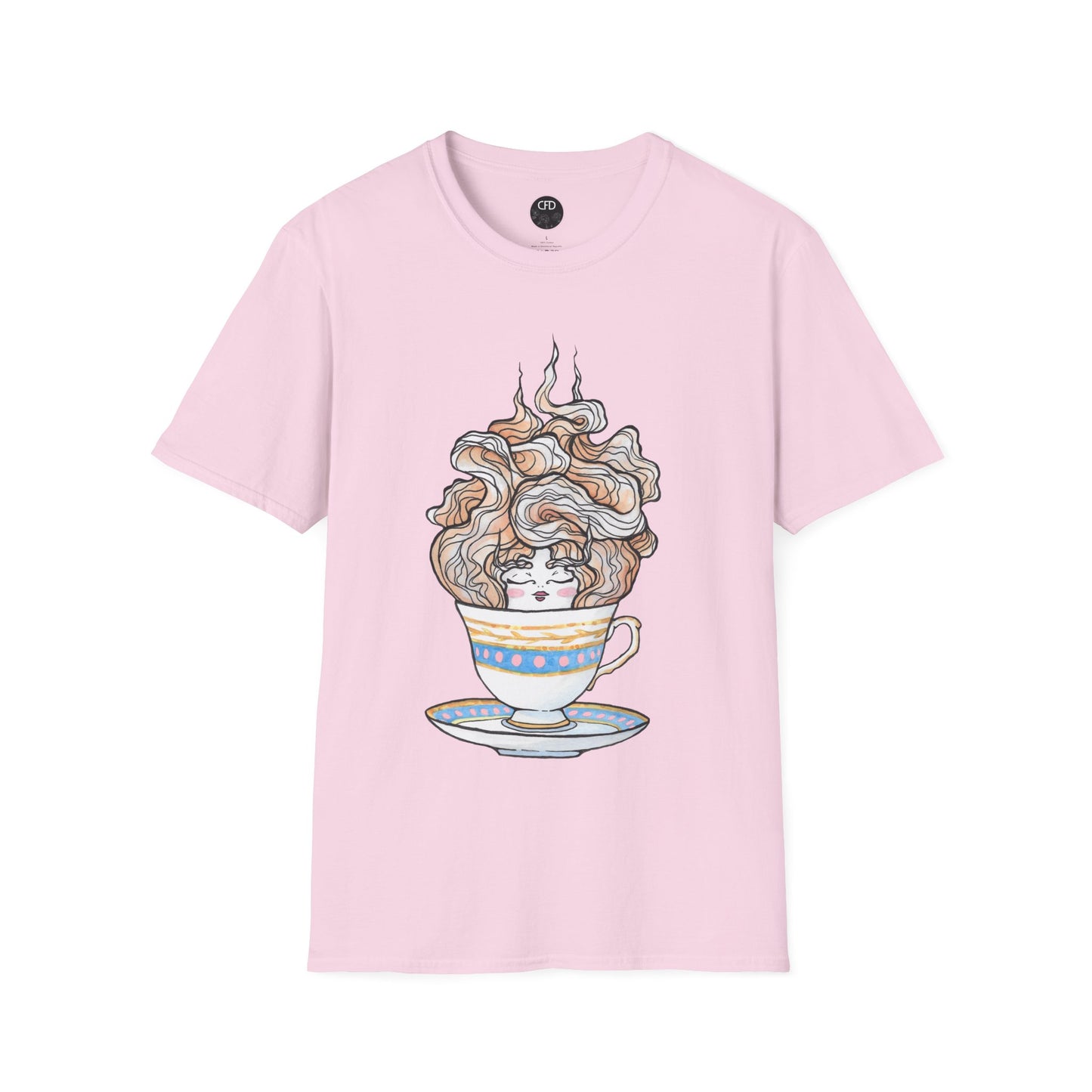 This is the Light Pink English Breakfast Tea T-Shirt by Chris Foster Design. It comes in sizes XS-5XL. This is an image of the front with a circular CFD logo in white lettering and black background. The size label is below the logo in black. A teacup that is light blue, yellow and white with light pink, white and red steam that is going upwards. There is a lady's face in the middle and beginning of the teacup with her eyes closed, red lips, blushing pink cheeks. and eyebrows that go upward. 