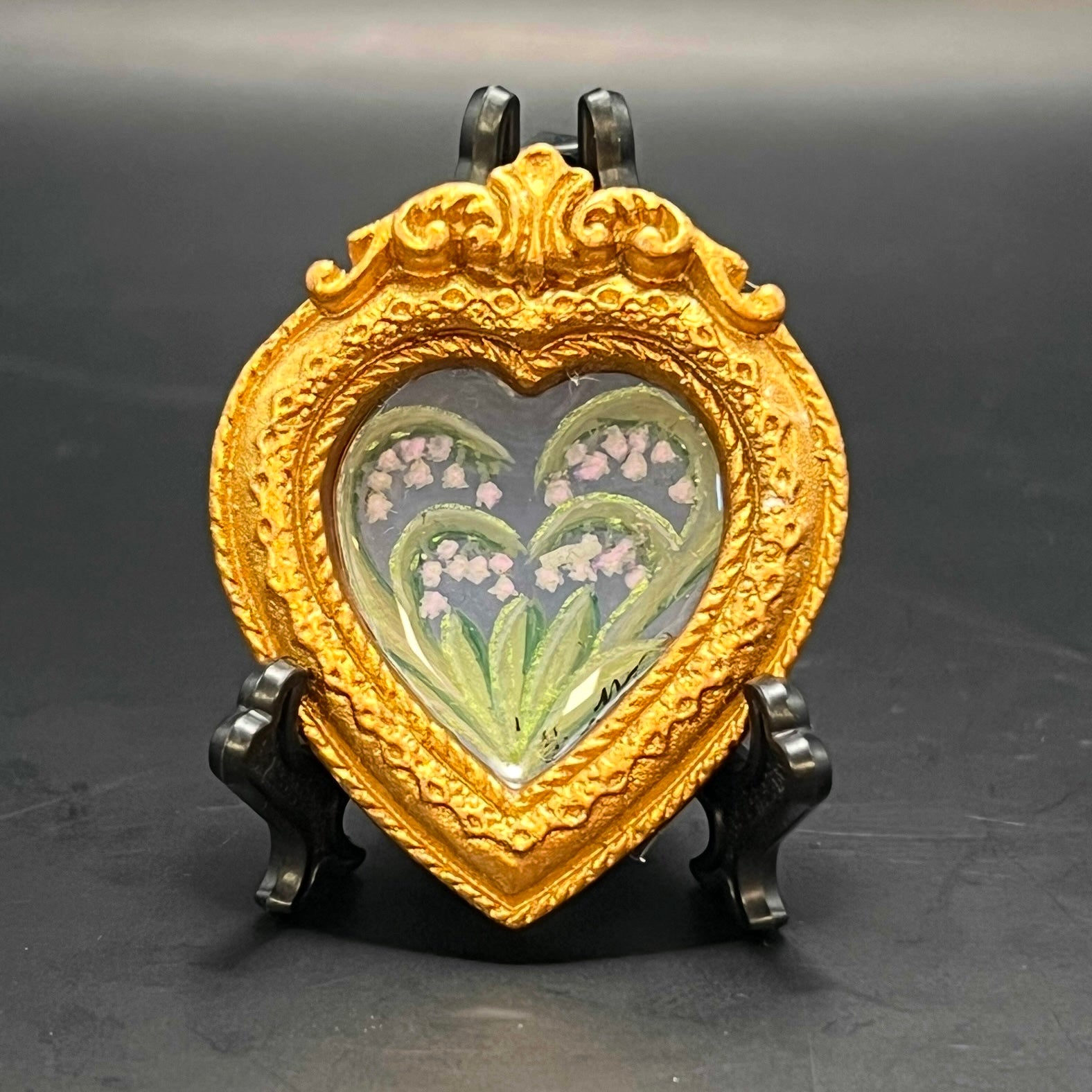 CFD Lily of the Valley miniature painting in watercolor on handmade paper, 4x6 inches, framed in oak, signed by artist Chris