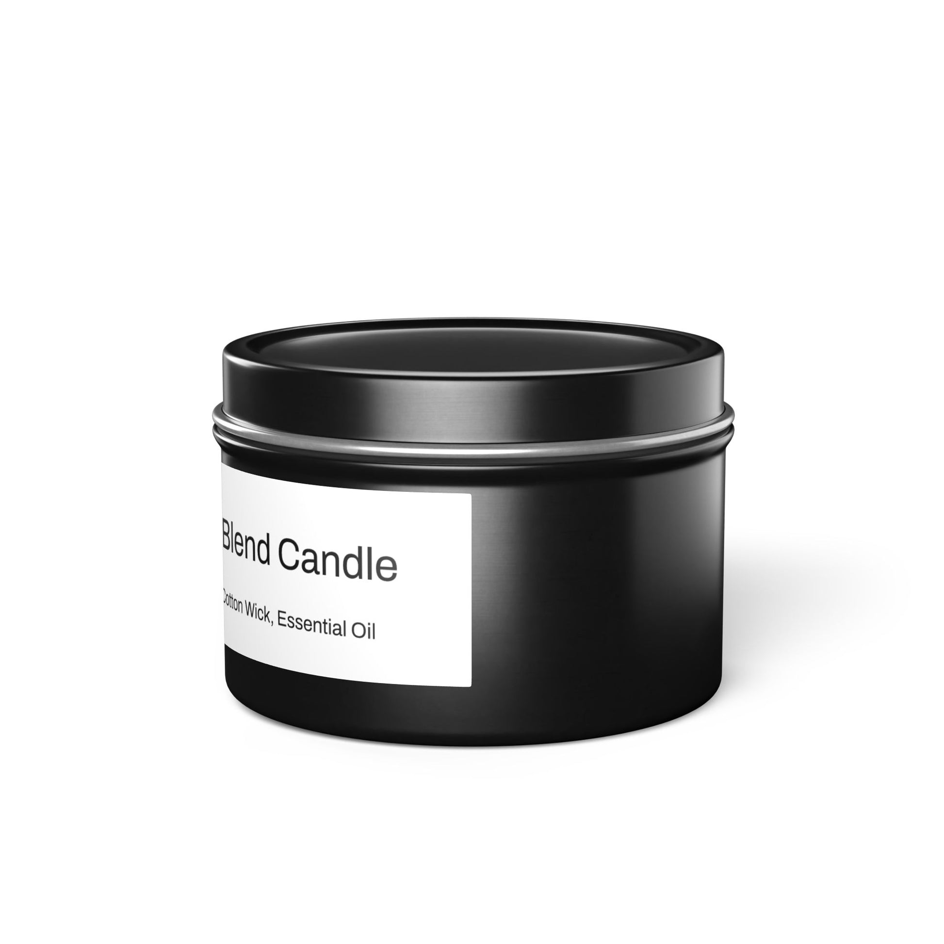 The scent is Mango Coconut. This is a candle in a 4 oz black tin. There is a white label for the scented soy blend that lists the ingredients as soy wax, coconut wax, cotton wick and essential oils. This showcases the right side image with the top on. 