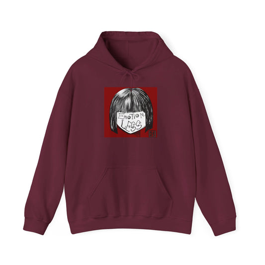 This is the Maroon Emotionless Heavy Blend Hoodie by Lee Hansheng Studios. This is the image of the front, drawstring in a bowtie that is colormatched. The illustration is squared in the middle, a black haired girl with bangs and her white face has the words, "Emotionless". Behind her is a red background and on the right of the illustration is the Lee Hansheng Studios logo outlined in blue. There is a kangaroo pocket, hemming on the waists and hoodie. The image is against a white background.