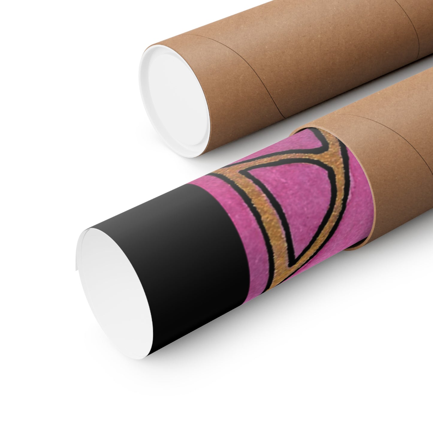 This is the Matte 24" x 36" Earl Grey Poster by Chris Foster Design. The poster is placed in a brown tube. There are two of the tubes with open showing a bit of the poster. There is the black border then the gold frame with a pink background. It is against a white background.