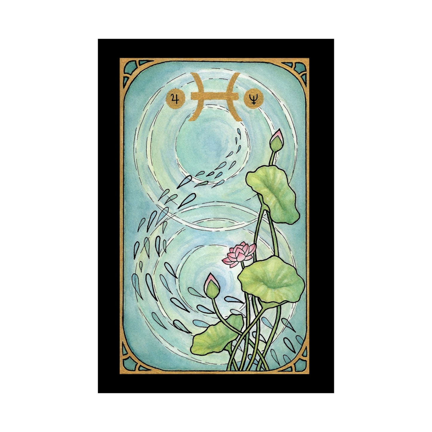 This is the Matte 24" x 36" Pisces Poster by Chris Foster Design. The illustration is designed like a tarot card, has a black border, gold frame, a pond, two circular ripples of water, 1 bloomed flower, 2 buds and 3 leaves combined trailing up on the right with seeds running down the pond, Pisces symbols on the top in gold. Poster is against a white background.