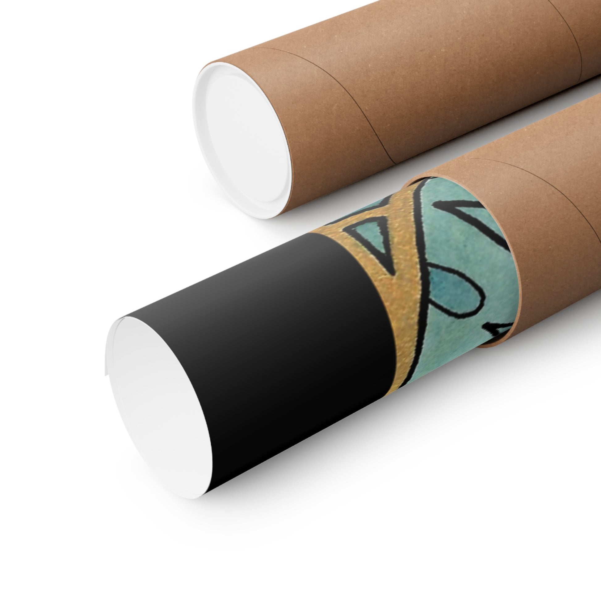 This is the Matte 24" x 36" Pisces Poster by Chris Foster Design. The poster is placed in a brown tube. There are two of the tubes with open showing a bit of the poster. There is the black border then the gold frame with a blue like water background. It is against a white background.