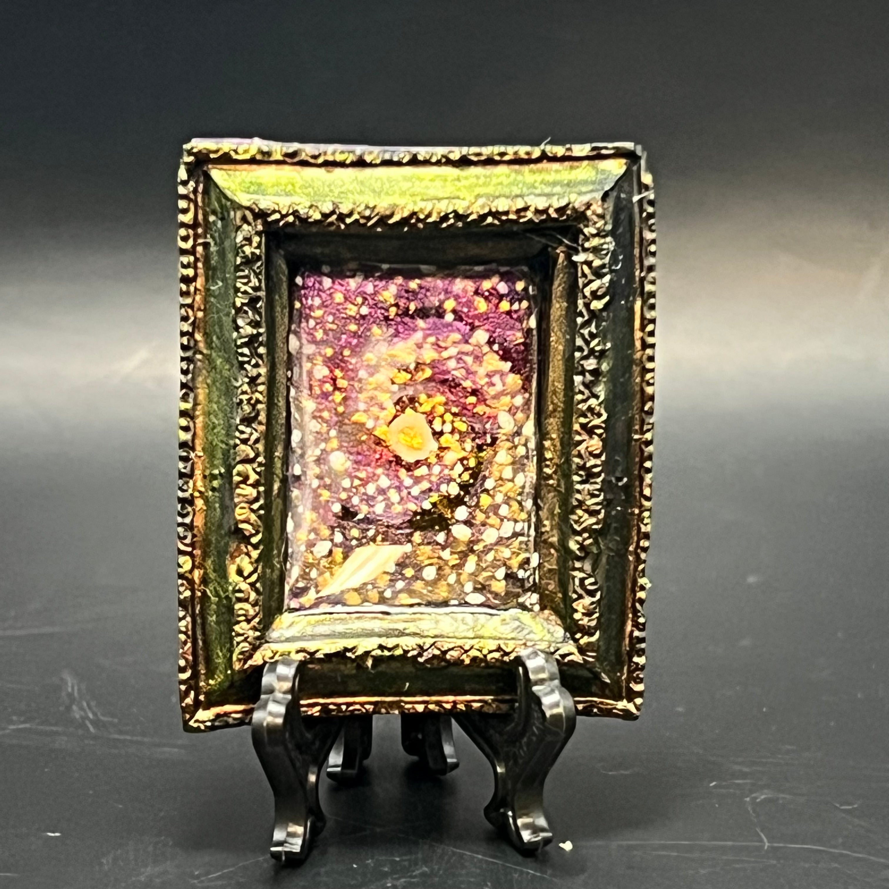 CFD Mii Spiral Galaxy mini painting by Chris Foster, acrylic on canvas, 4x4 inches, framed, edition 5 of 50, cosmic abstract