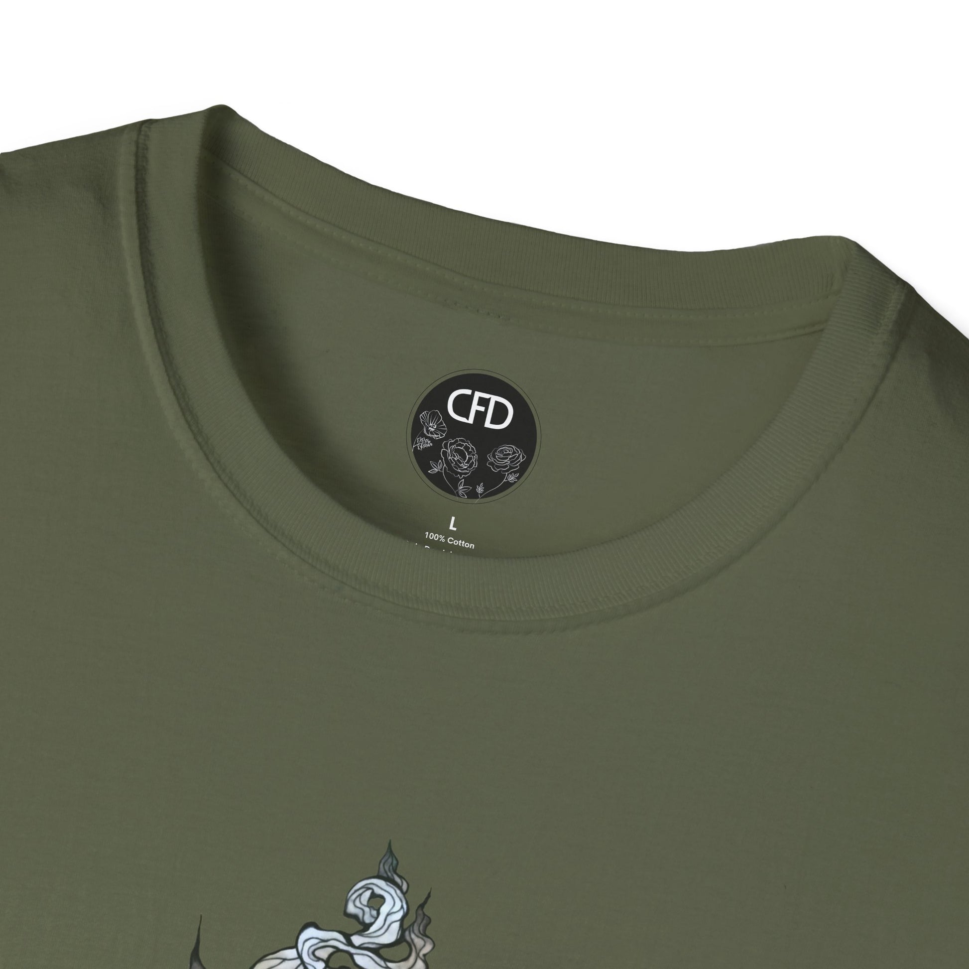 This is the Military Green Green Tea T-Shirt by Chris Foster Design.It comes in sizes XS-5XL. This image shows a close up of the front. There is the collar with CFD circular logo with flowers, has a black background and printed in white inside the shirt. The size label is printed in black. Below there is a bit of the illustration, some of the steam of the tea cup is shown in white and light blue. The shirt is against a white background.