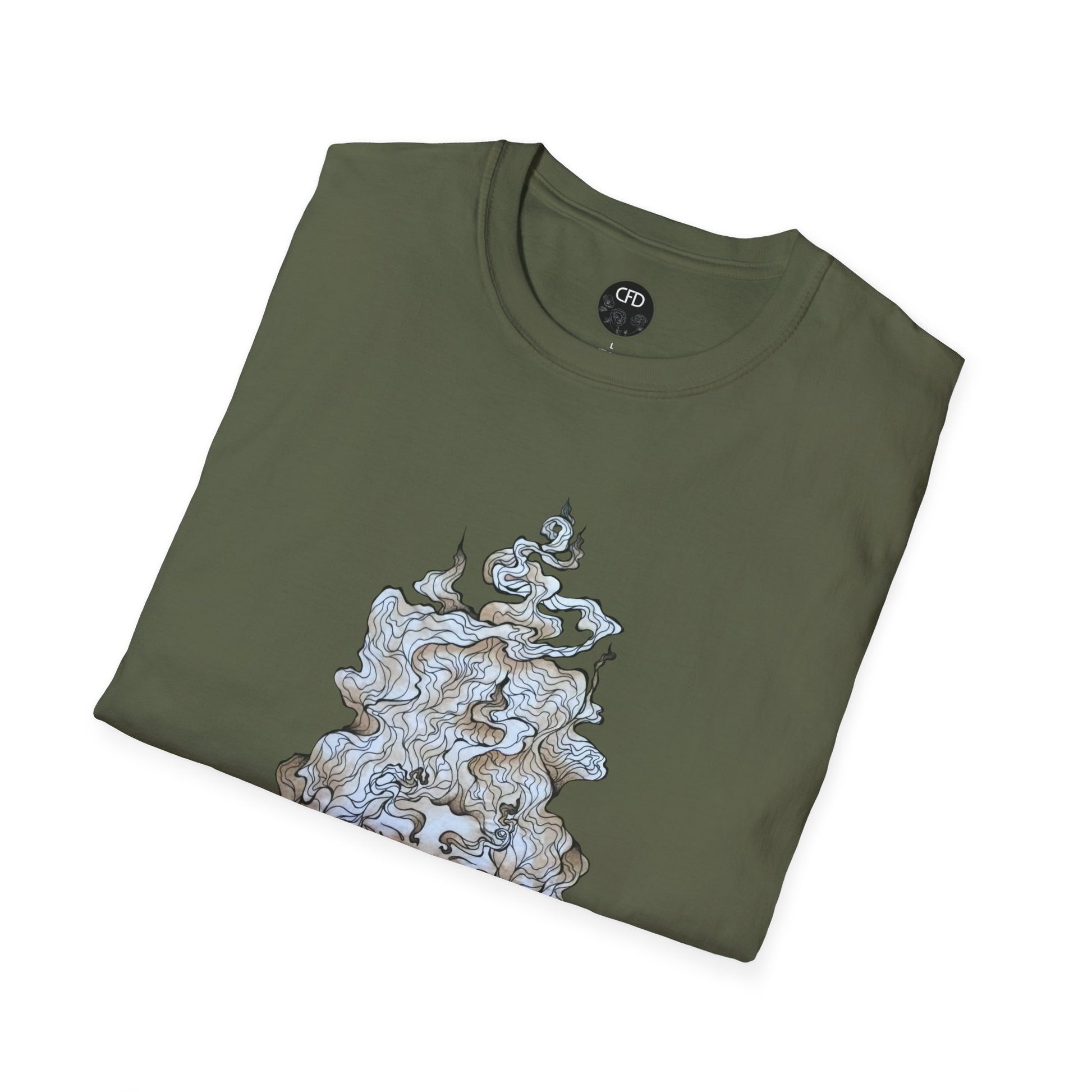 This is the Military Green Green Tea T-Shirt by Chris Foster Design.It comes in sizes XS-5XL. This image shows the front of the shirt folded. The mist from the teacup is white and red going upwards is what can be seen. The CFD circular logo with flowers has a black background and printed in white. The size label is printed in black. The shirt is against a white background.