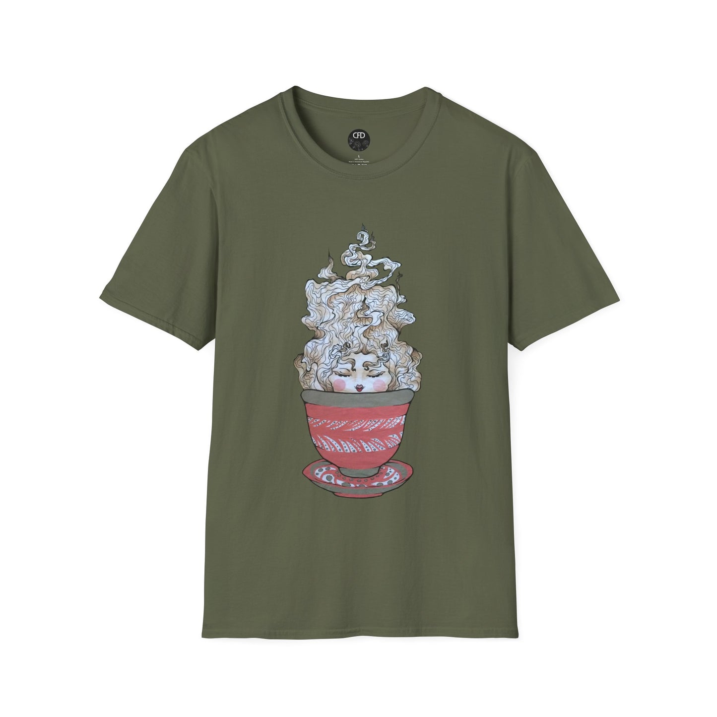 This is the Military Green Green Tea T-Shirt by Chris Foster Design.It comes in sizes XS-5XL. A red,white and dark green teacup with plate set. The mist from the teacup is white and red going upwards. There is a lady face in the middle of the teacup with red blushing cheeks, red open lips and eyebrows that float outwards. This is against a white background.