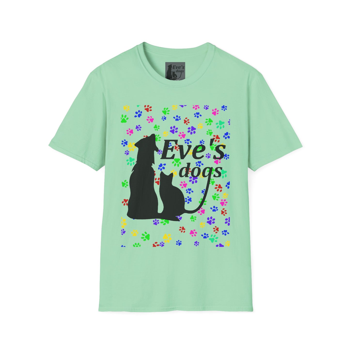 This is the Mint Green Adopt Eve's Dogs T-Shirt. It comes in XS - 5XL. This is an image of the front of the shirt. The size label is a grey and black tag with a dog and cat with the "Eve's dogs" writing. The front has pink, green, blue, purple, red paw prints in different sizes. Also, the dog and cat with "Eve's dogs" printed in black. The illustration has a clear background so you see the paw prints, animals and the text print on color of shift. The shirt is against a white background.