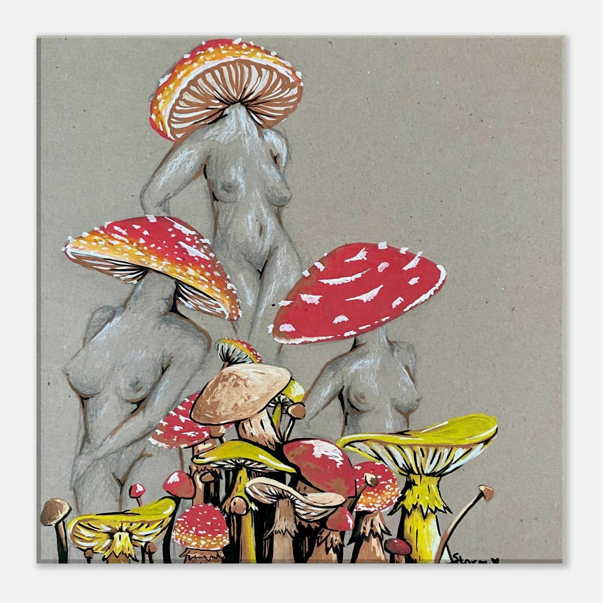Miss Amanita canvas print featuring detailed mushroom illustration on 24x36-inch cotton material, matte finish, wall decor