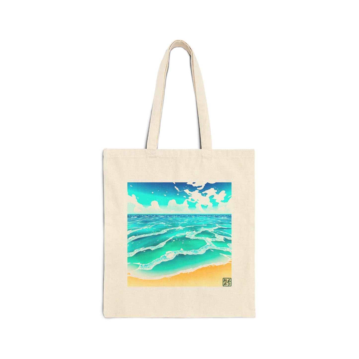 This is the Natural 15" x 16" Beach Life Canvas Tote by Lee Hansheng Studios. The illustration is squared,the foreground has sand and the studio logo on the right corner outlined in blue. The waves are crashing into the sand with fluffly clouds in the back. There are mixes of blue, light blue, white, orange and tan colors. The tote is against a white background.