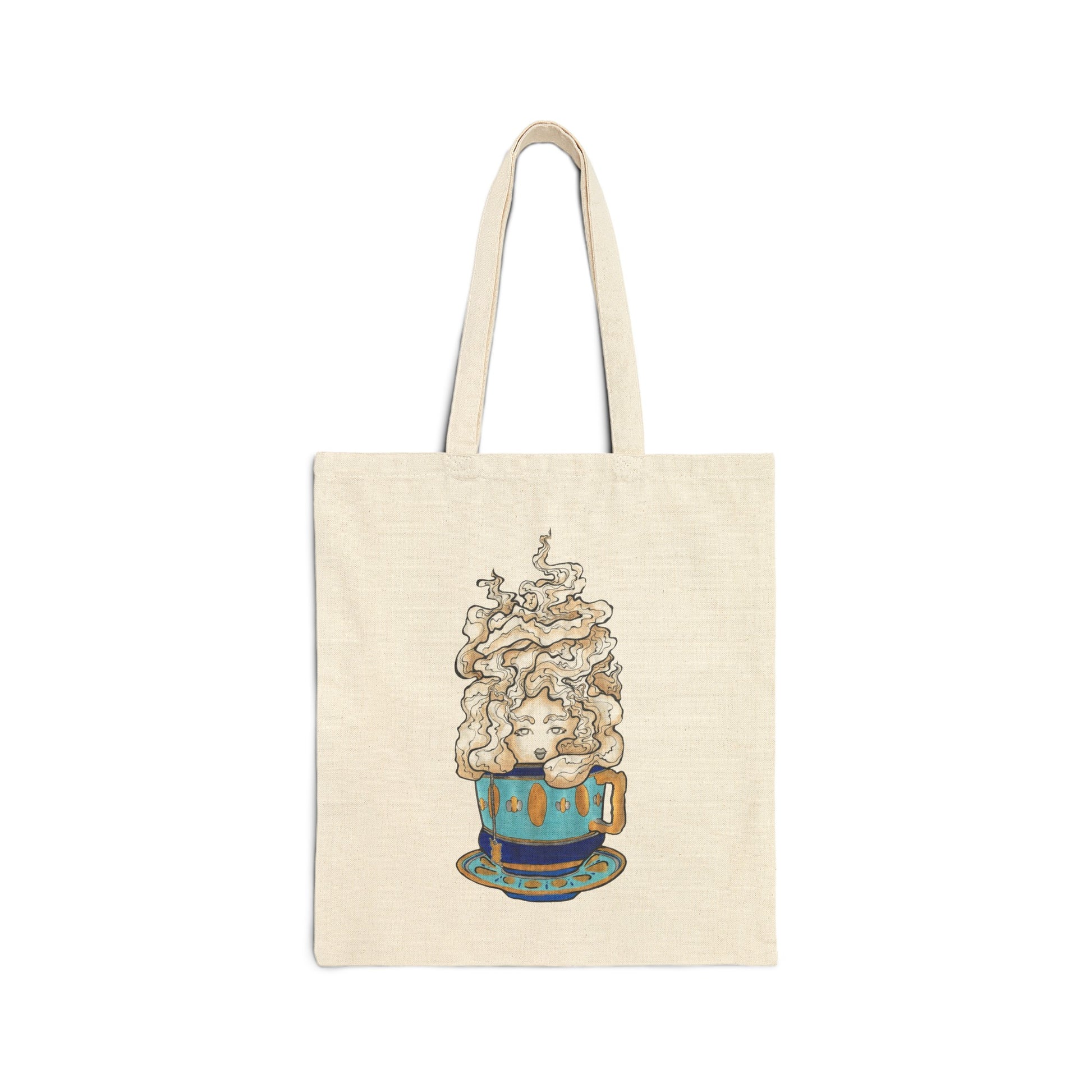 This is the Natural 15" x 16" Earl Grey Tote Bag by Chris Foster Design. The illustration is of a gold, light blue and dark blue teacup with a tan, yellow and white steam. The steam is swirly and goes up and outwards. In the middle is a lady's face. The tote is against a white background.