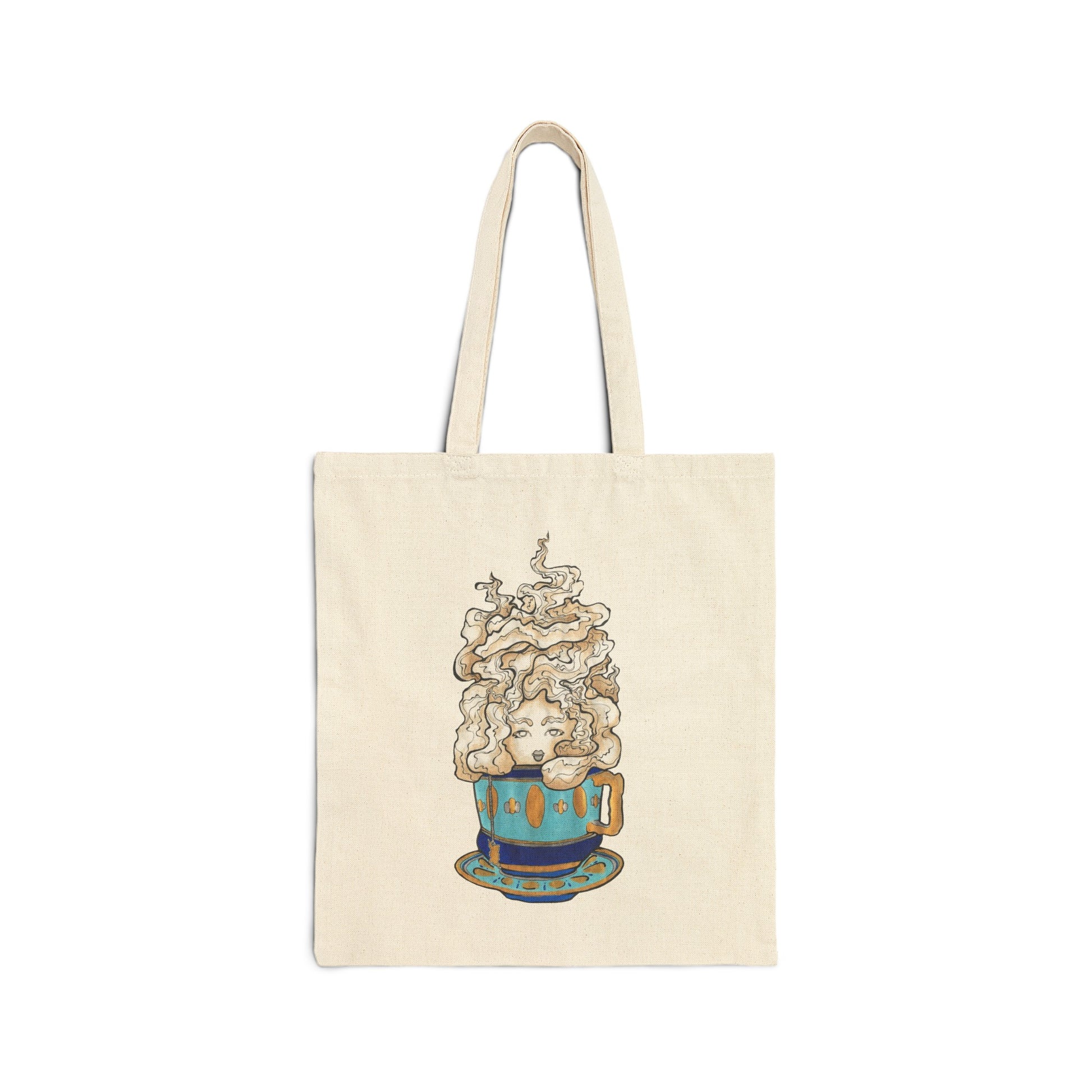 This is the Natural 15" x 16" Earl Grey Tote Bag by Chris Foster Design. The illustration is of a gold, light blue and dark blue teacup with a tan, yellow and white steam. The steam is swirly and goes up and outwards. In the middle is a lady's face. The tote is against a white background.