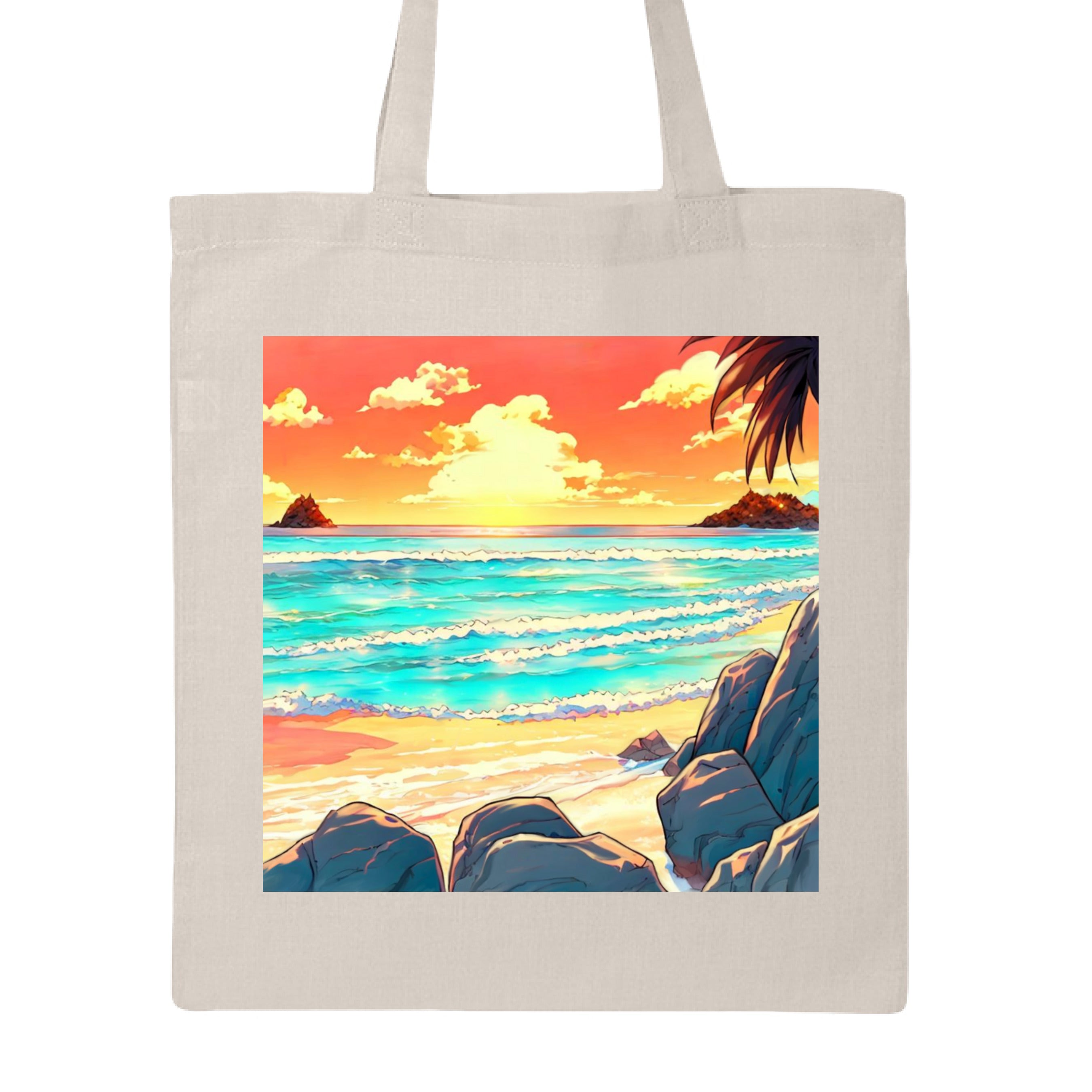 Sunset on the Beach canvas tote bag with printed coastal scene, natural cotton fabric, and reinforced handles, by Lee