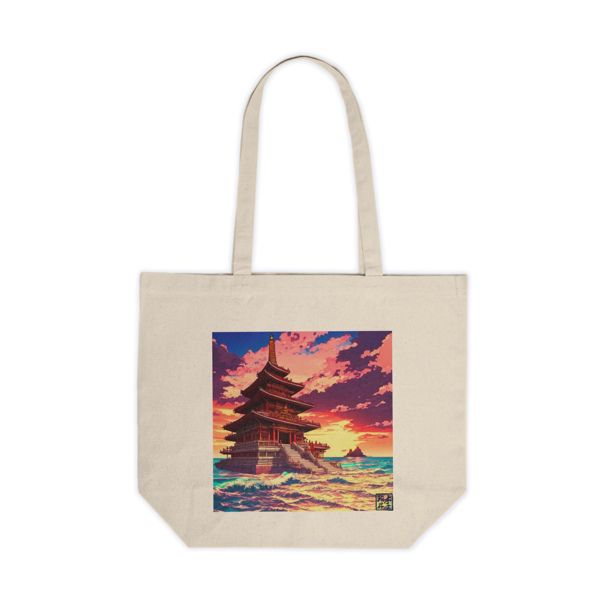 This is the 18" x 15" Temple on the Sea Shopping Tote by Lee Hansheng Studios. The illustration has a temple with 4 stories on the left. There are cloudy skies with a little bit of blue, white, red and pinks on the clouds. There is a little bit of the sunset peeking through behind the temple. It is yellow and red colors. The image shows the front of the tote and is against a white background.