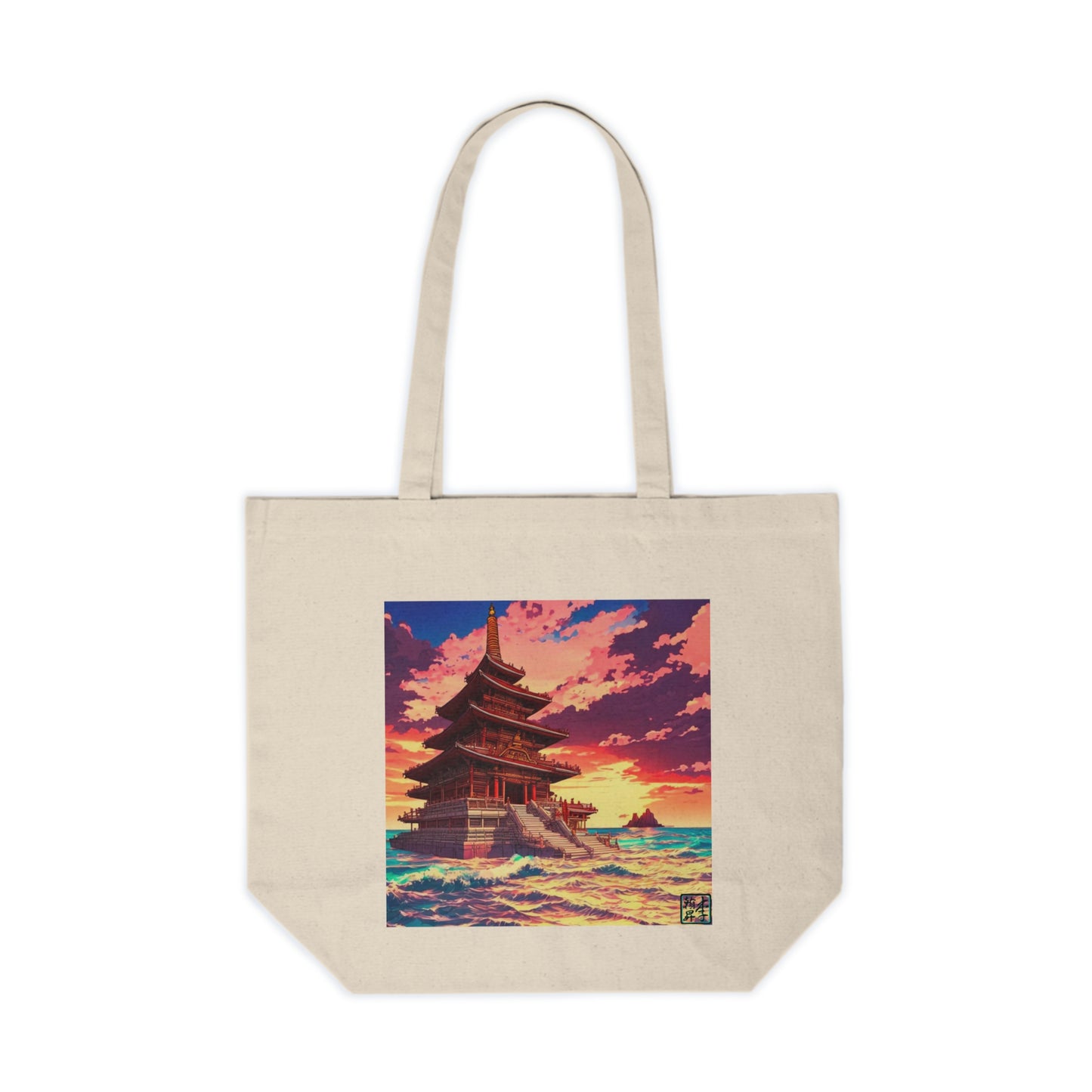 This is the 18" x 15" Temple on the Sea Shopping Tote by Lee Hansheng Studios.  The illustration has a temple with 4 stories on the left. There are cloudy skies with a little bit of blue, white, red and pinks on the clouds. There is a little bit of the sunset peeking through behind the temple. It is yellow and red colors. The image shows the front of the tote and is against a white background.