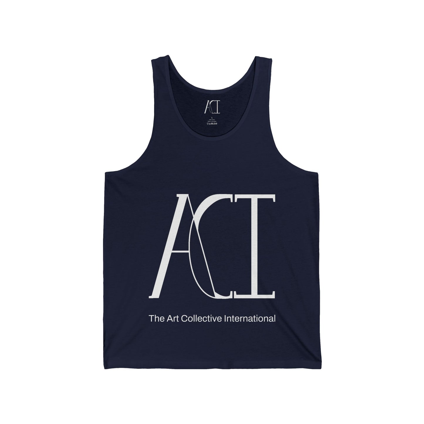 This is the front side of the navy ACI Tank. It has the ACI logo printed in the middle of the shirt with "The Art Collective International" listed below the logo all in white. There is a size label in white on the inside of the shirt. The tab also has the ACI logo on it.