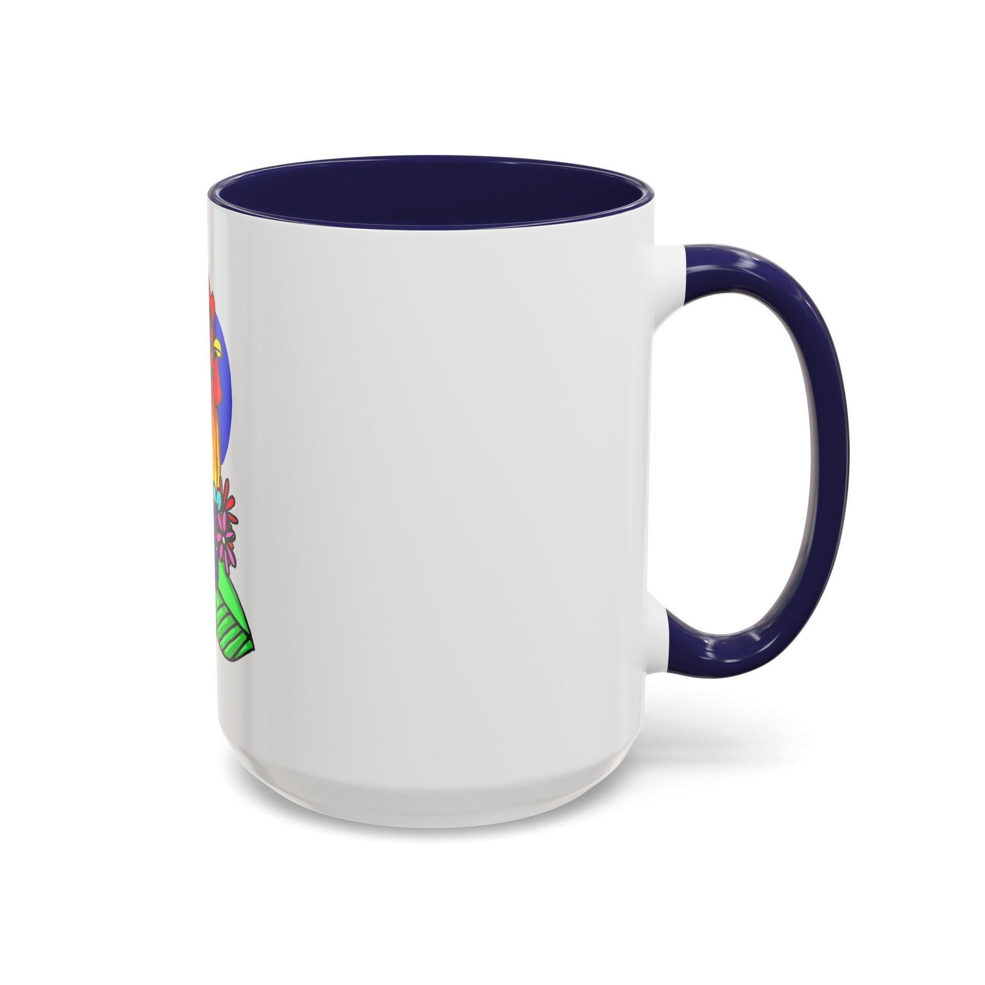 This it the Navy 15 oz Cock Accent Coffee Mug by Storm Garden Studio. This image showcases the back of the mug with the handle to the right. The handles are color matched. A bit of the illustration can be seen from the right with a bright green, orange and blue. It is against a white background. 