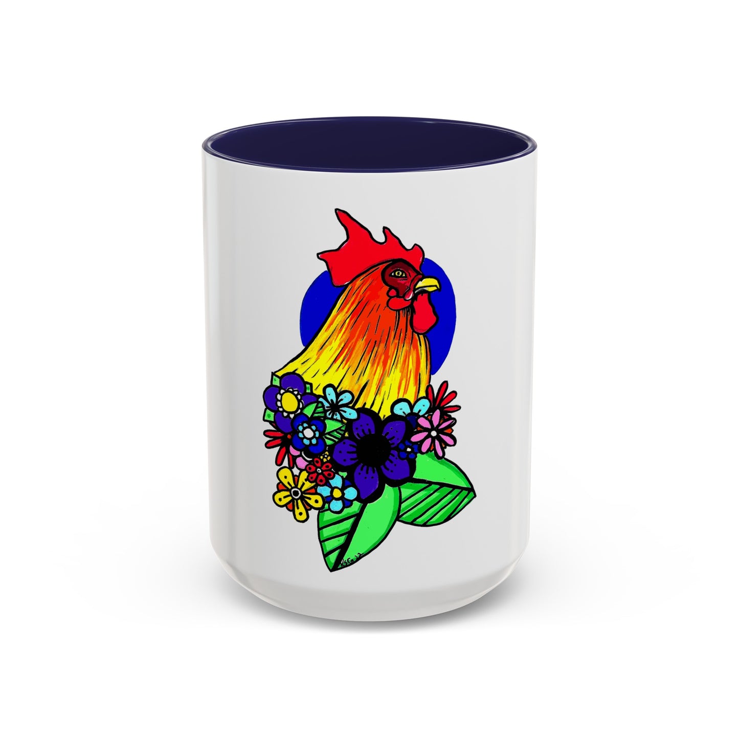 This it the Navy 15 oz Cock Accent Coffee Mug by Storm Garden Studio. This image showcases the front of the mug. The illustration is of a rooster with a dark blue circular background. The rooster is adorned with flowers on the bottom of its neck. It is bright green, dark blue, yellow, orange and pink. The rooster is bright red and fades into yellow. The mug is against a white background. 