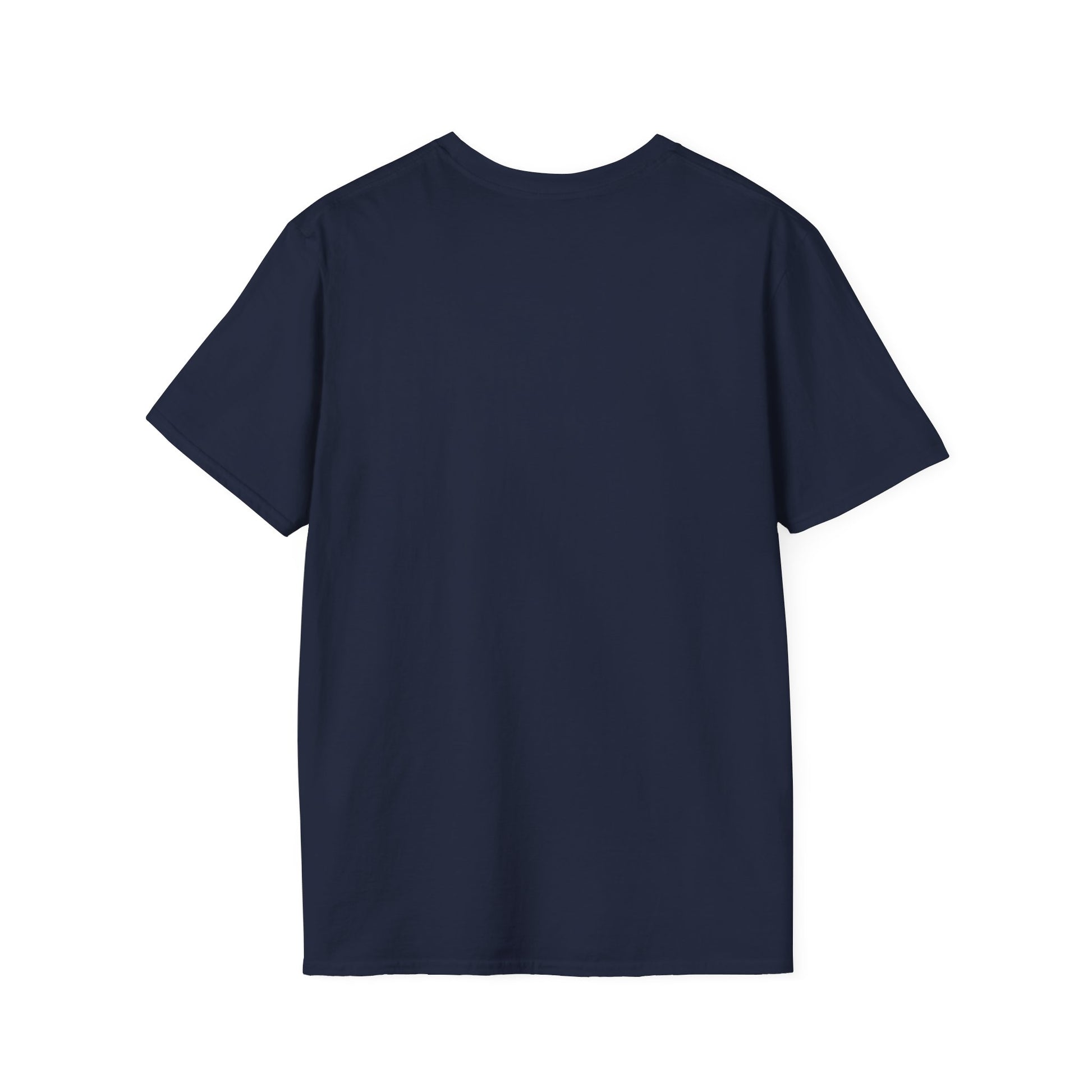 This is the Navy Earl Grey Softstyle T-Shirt by Chris Foster Design. It comes in sizes XS-5XL. The image showcases the back of the shirt. There is no illustrations or images on it. The t-shirt is against a white background.