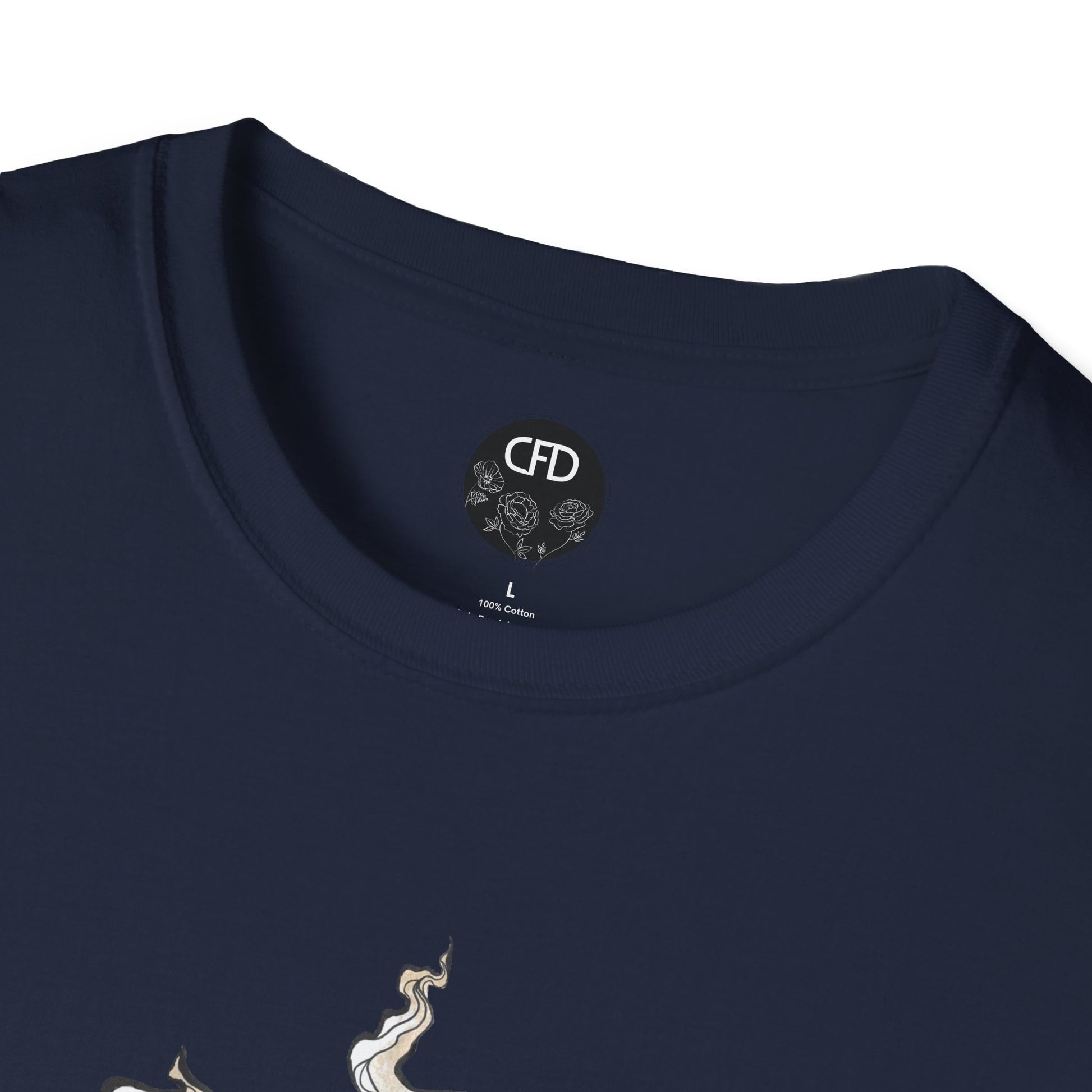 This is the Navy Earl Grey Softstyle T-Shirt by Chris Foster Design. It comes in sizes XS-5XL. The image showcases a close up of the front of the shirt. The illustration that can be seen is the steam is swirly and goes up and outwards. The inside of the shirt has the Chris Foster Design circular logo in black, flowers and writing is white. The size label is also white. The t-shirt is against a white background.